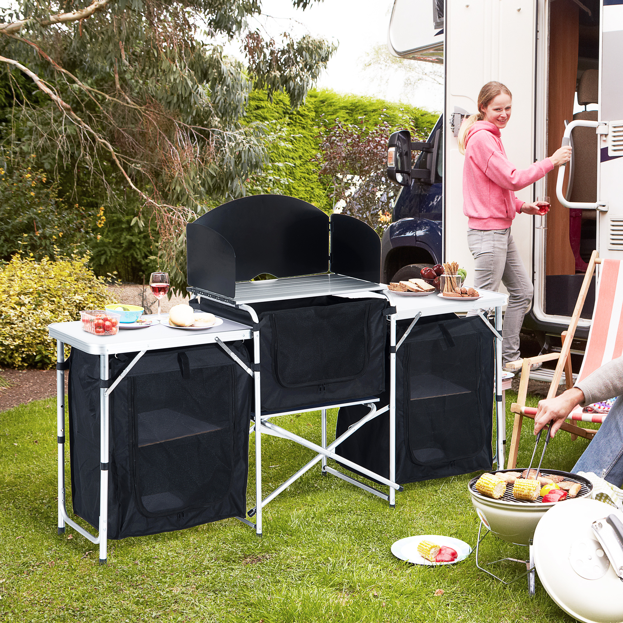 Outsunny Portable Folding Camping Kitchen Table with Windscreen, Storage Cupboards, Aluminium Frame for BBQs, Parties, Picnics