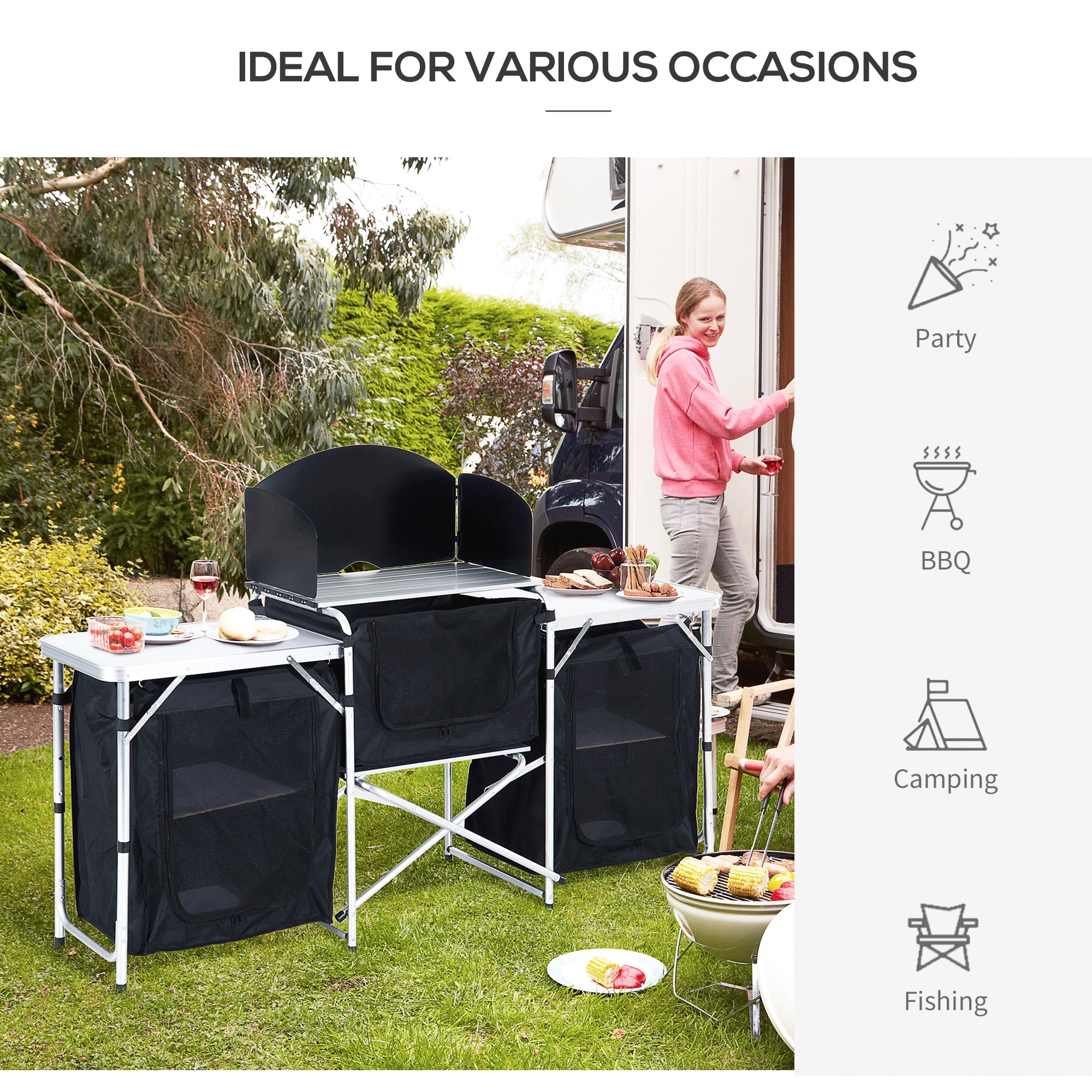 Outsunny Portable Folding Camping Kitchen Table with Windscreen, Storage Cupboards, Aluminium Frame for BBQs, Parties, Picnics