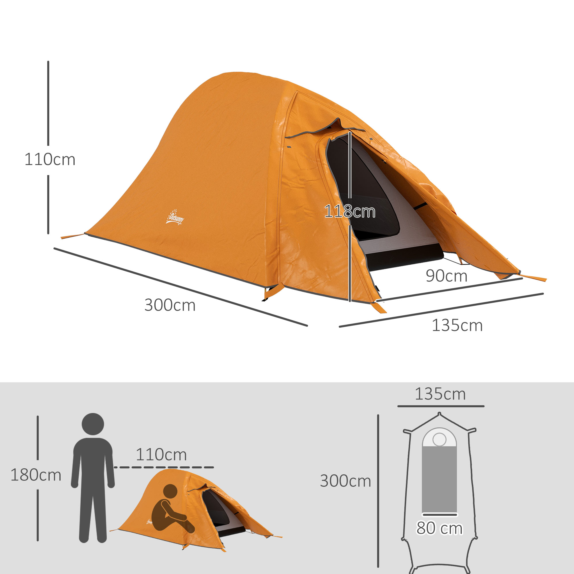 Outsunny Backpacking Tent for 1-2, Double Layer Camping Shelter with Carry Bag, 2000mm Waterproof, Lightweight, Orange