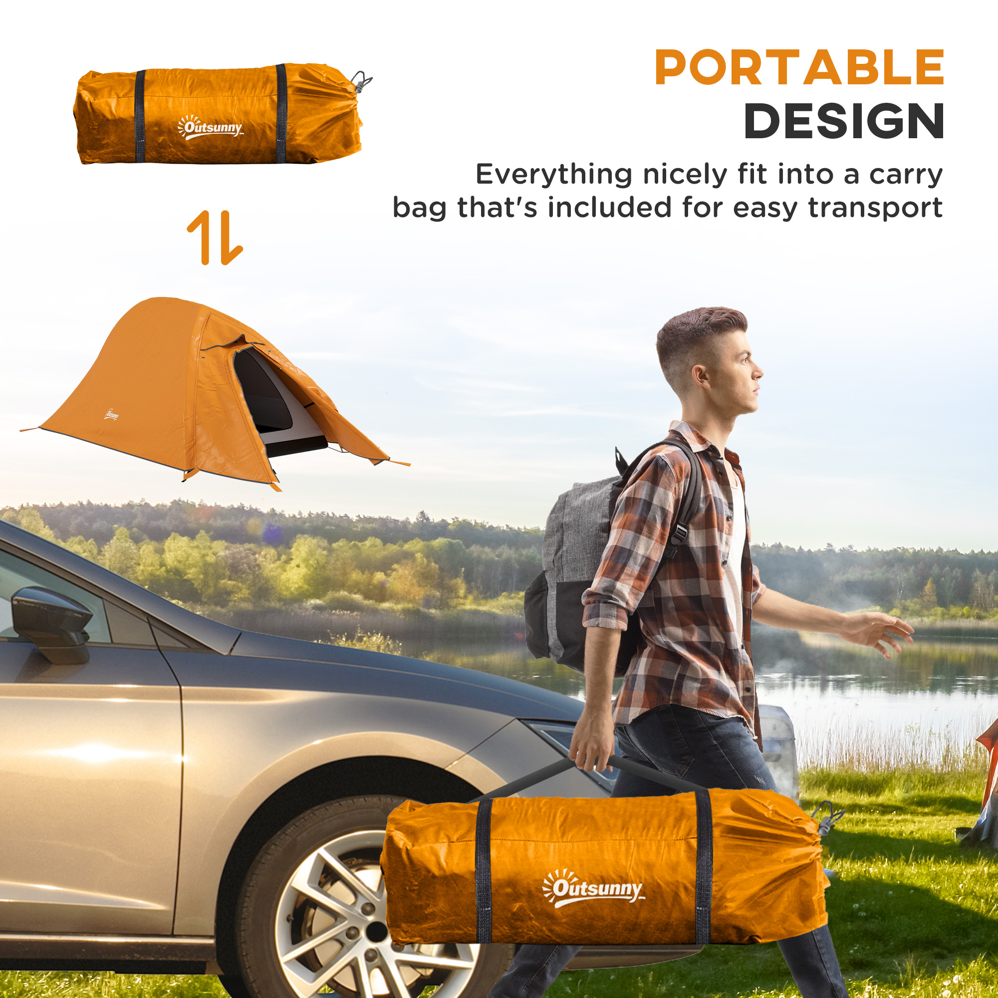 Outsunny Backpacking Tent for 1-2, Double Layer Camping Shelter with Carry Bag, 2000mm Waterproof, Lightweight, Orange
