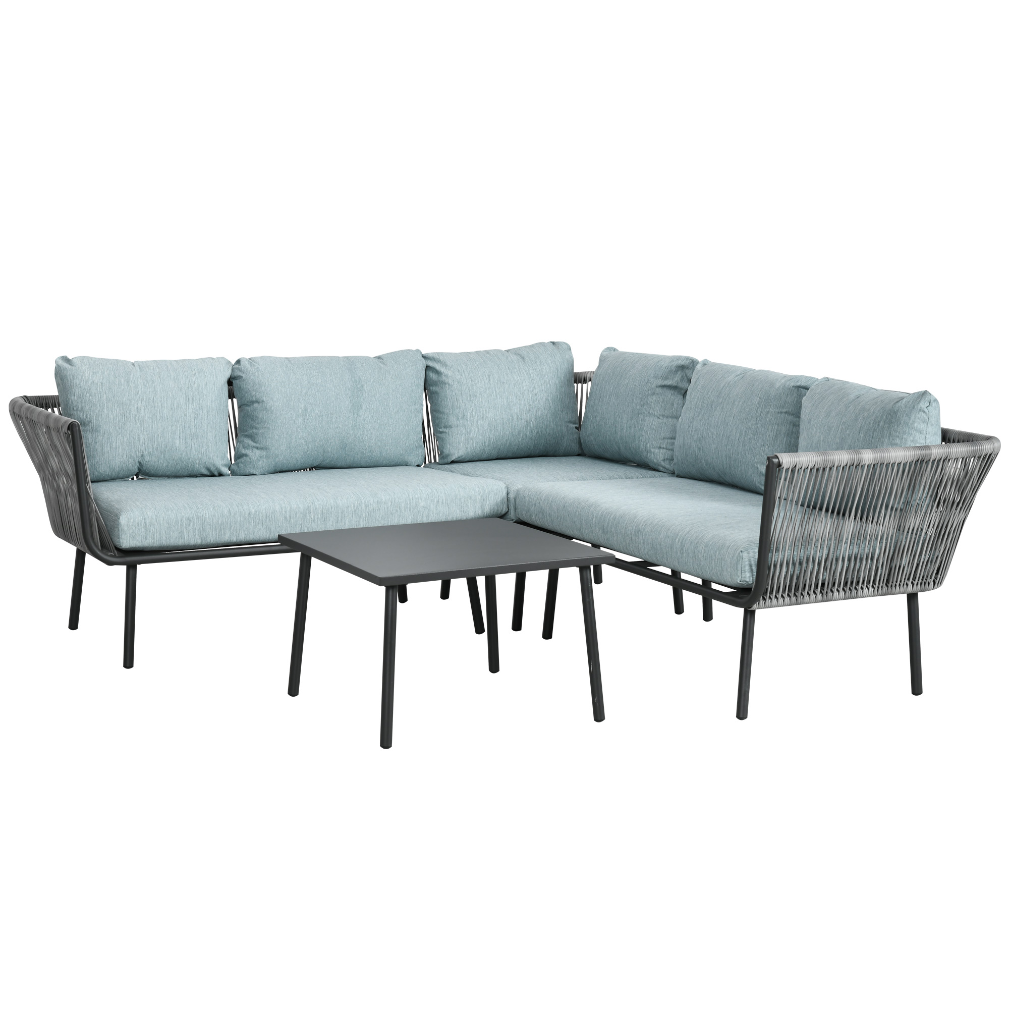 Outsunny Set da Giardino 4 Pezzi in Rattan con Tavolino da Caffè, 2 Divani ad Angolo e Poltroncina, Nero Grigio e Blu Aosom