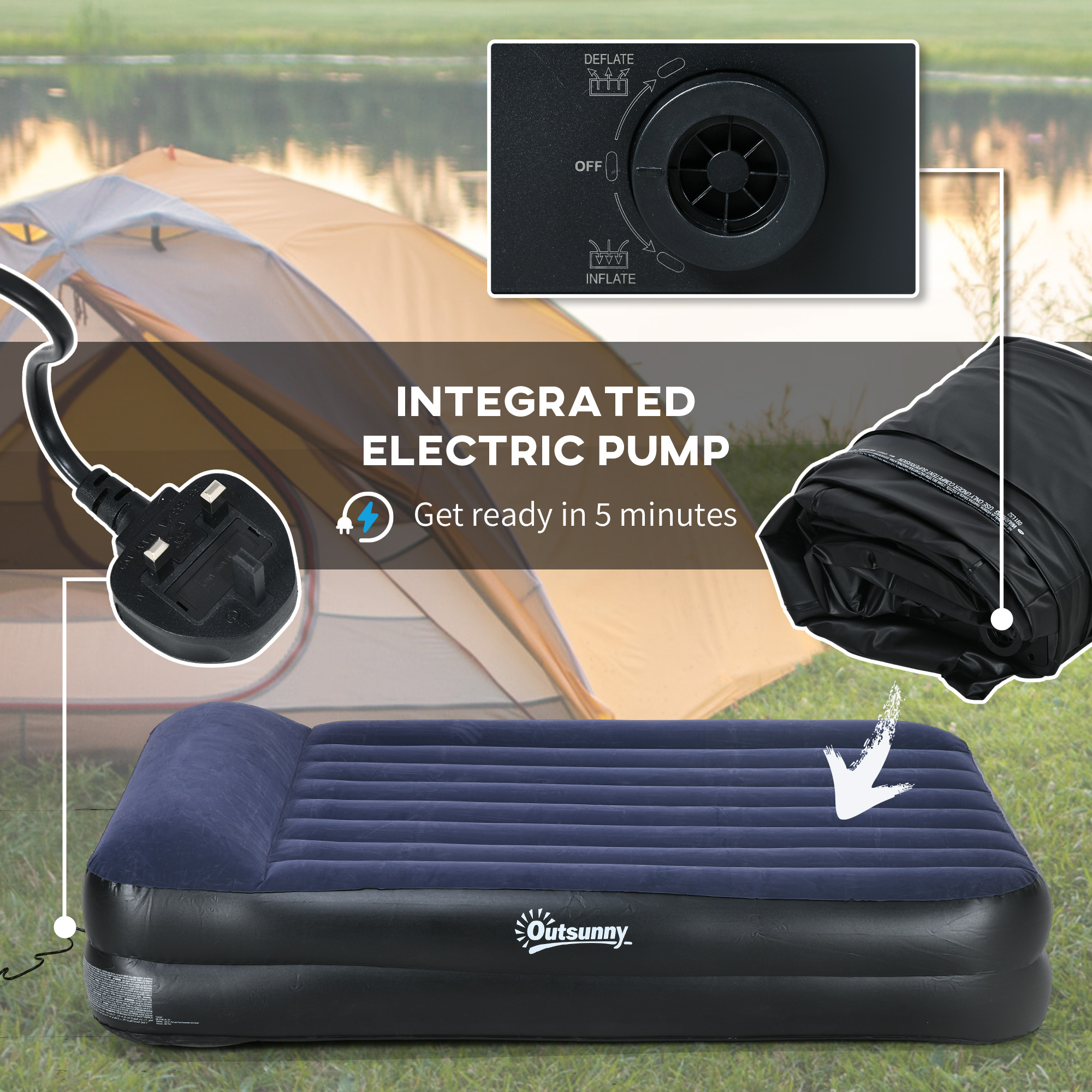 Outsunny Queen Inflatable Air Mattress with Built-in Electric Pump, Integrated Pillow for Comfortable Sleep
