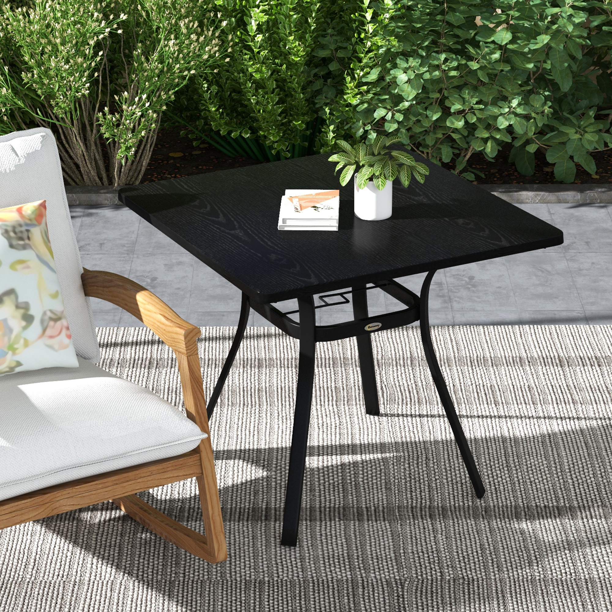 Outsunny Metal Garden Table, Steel Frame with Metal Tabletop and Umbrella Hole, Modern Design, Black