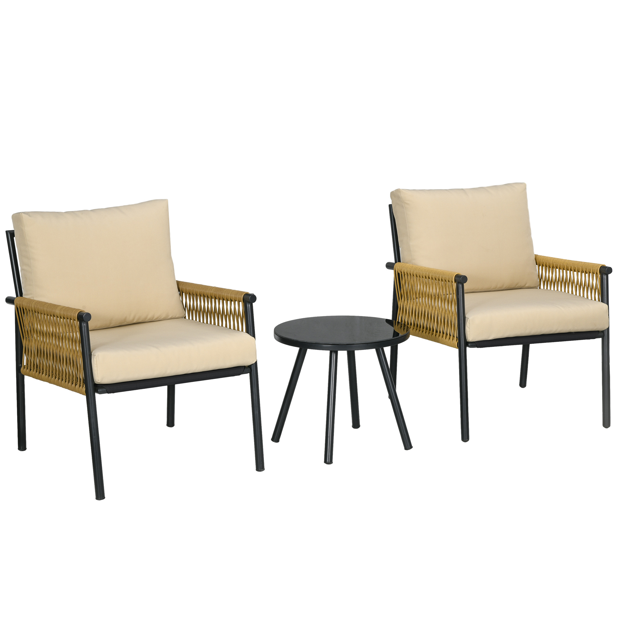 Outsunny Set da Giardino in Rattan con 2 Poltroncine con Cuscini e Tavolino Rotondo in Vetro, Beige Aosom