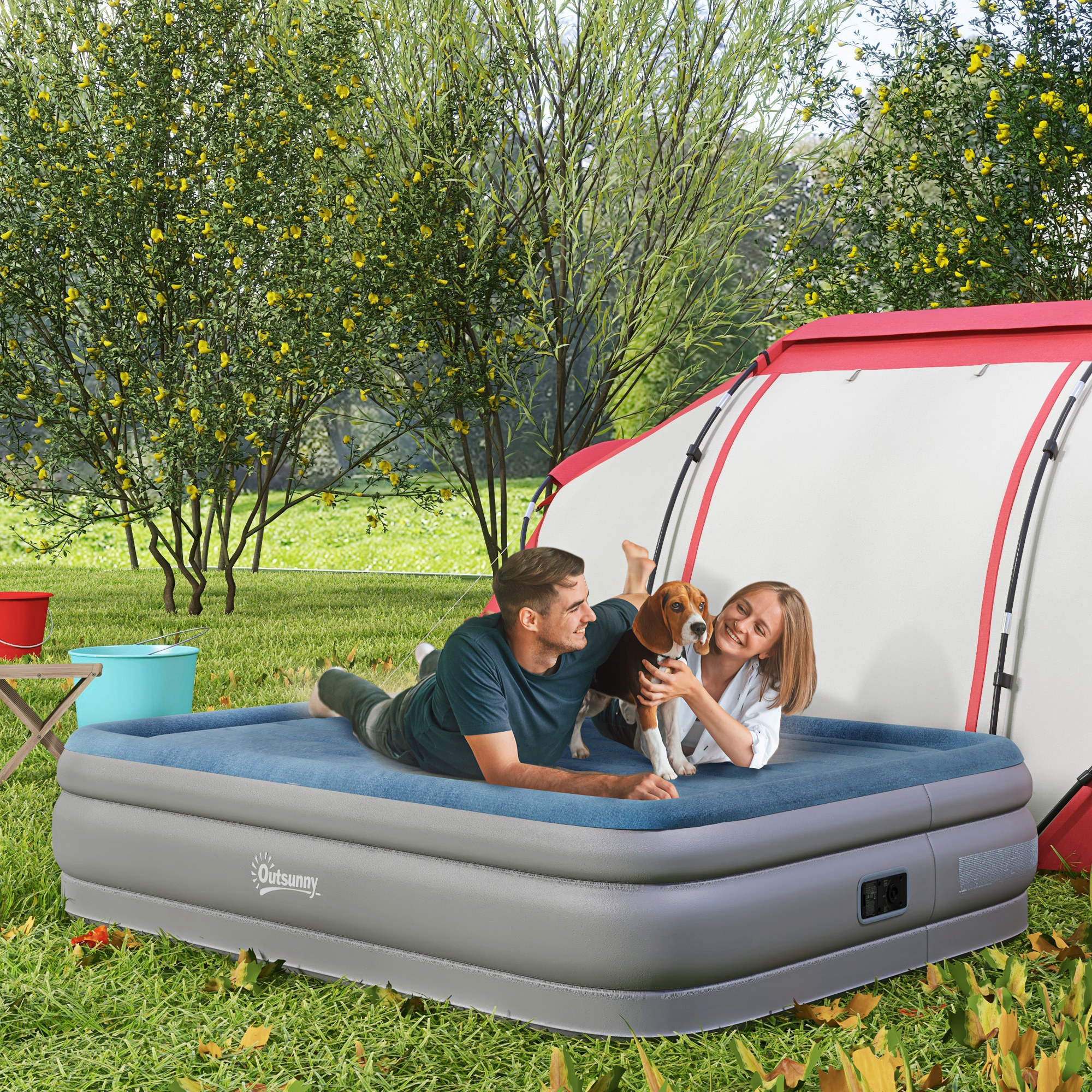 Outsunny Inflatable Air Bed, Queen Size, with Integrated Electric Pump, Storage Bag, Comfortable Flocked Surface