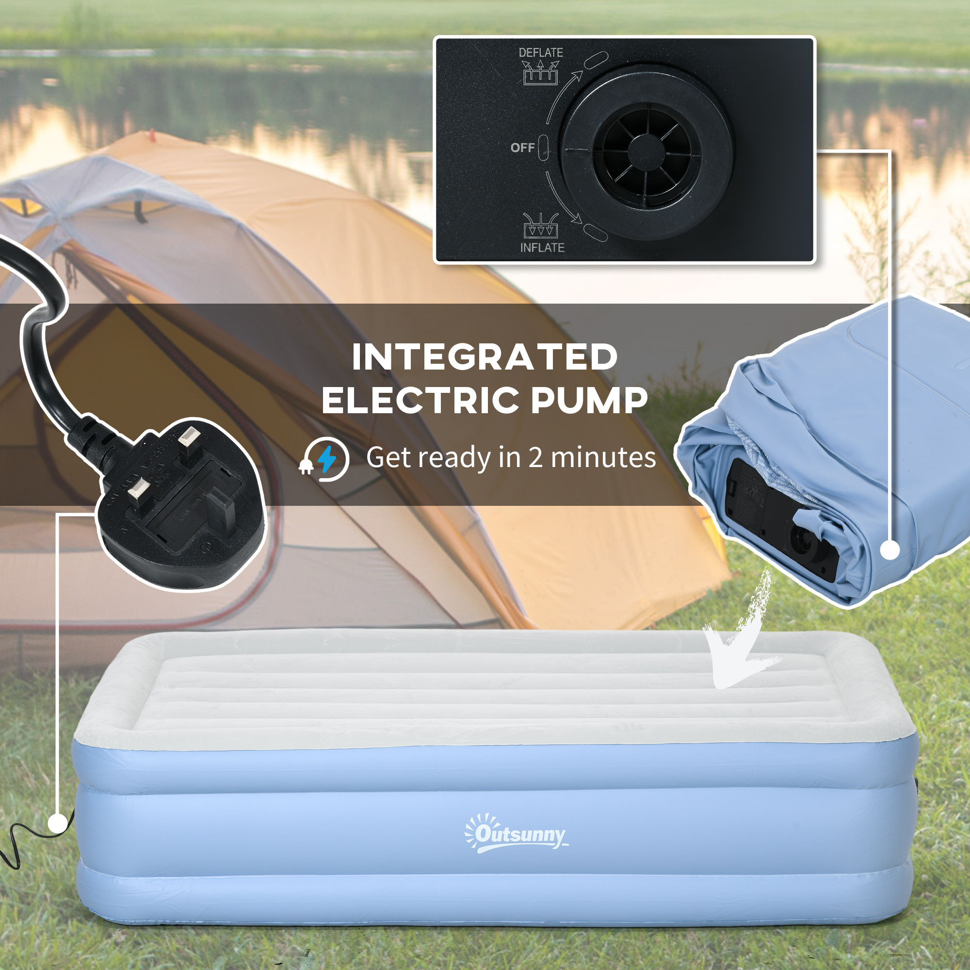 Outsunny Comfortable Single Inflatable Air Mattress, with Quick-Fill Built-In Electric Pump
