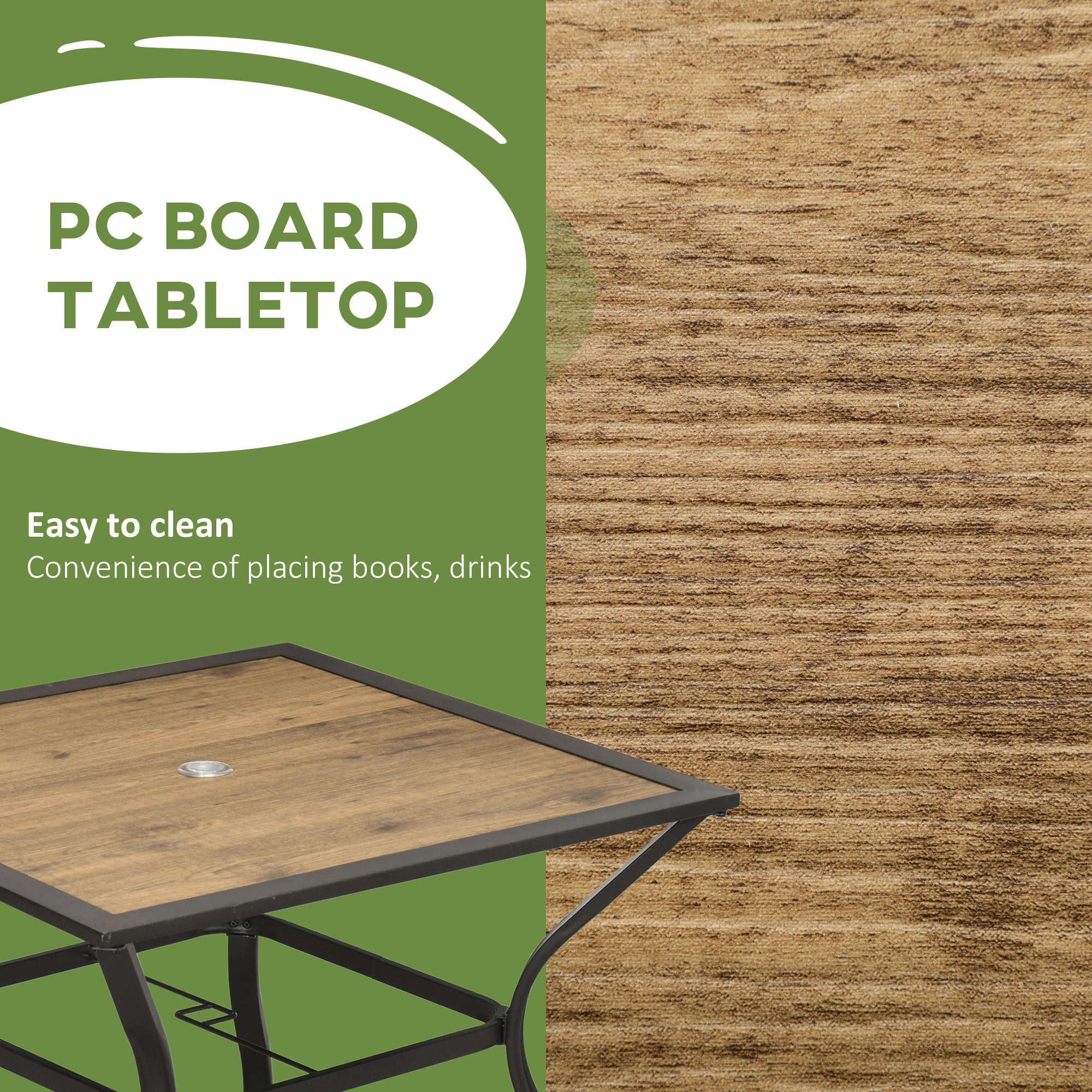 Outsunny Outdoor Dining Table with Parasol Hole, Stone-Grain Effect PC Board, for Patio, Brown