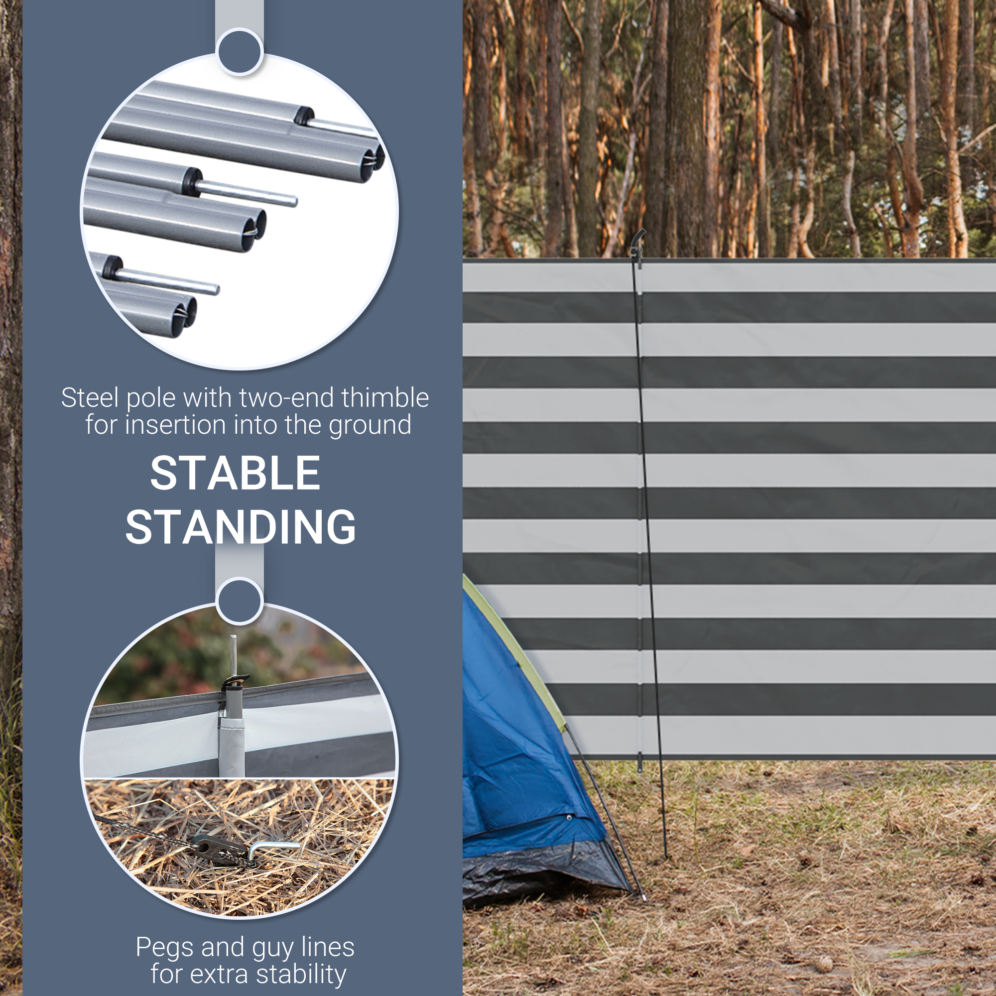 Outsunny 5 Pole Camping Windbreaks, Beach Wind Shield Shelter w/ Carry Bag and Steel Poles, Caravan Privacy Shield, 540cm x 150cm, Grey
