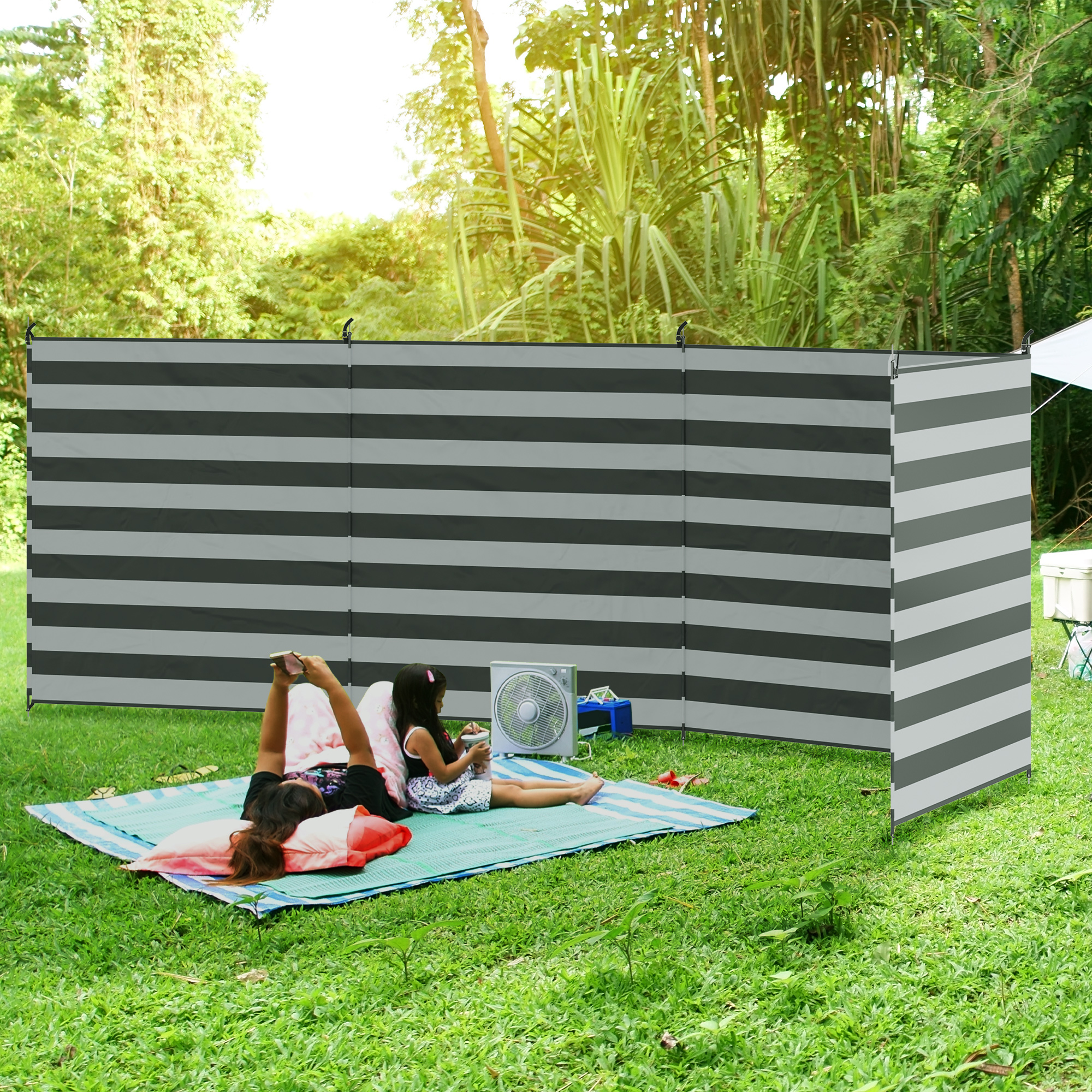 Outsunny 5 Pole Camping Windbreaks, Beach Wind Shield Shelter w/ Carry Bag and Steel Poles, Caravan Privacy Shield, 540cm x 150cm, Grey