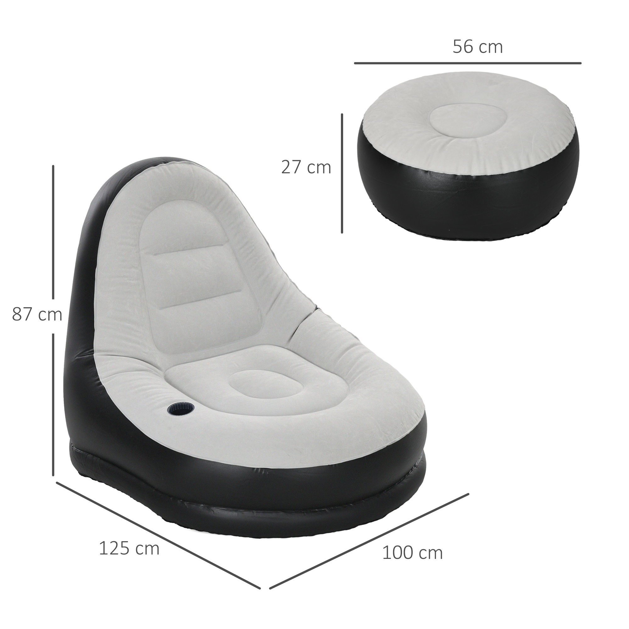 Outsunny Inflatable Lounge Chair and Ottoman Set with Cup Holder, Ideal for Gaming, Reading, Grey