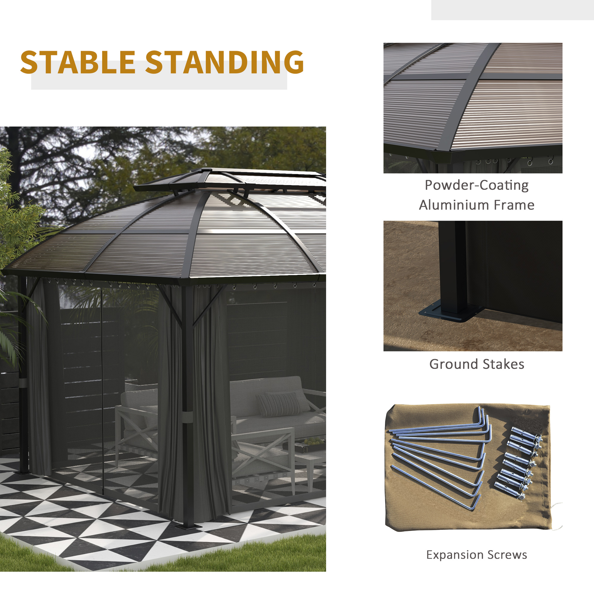 Outsunny Aluminium Frame 4 x 3(m) Polycarbonate Gazebo with Curtains, Nettings, Double Roof for Lawn, Yard, Patio, Deck, Brown