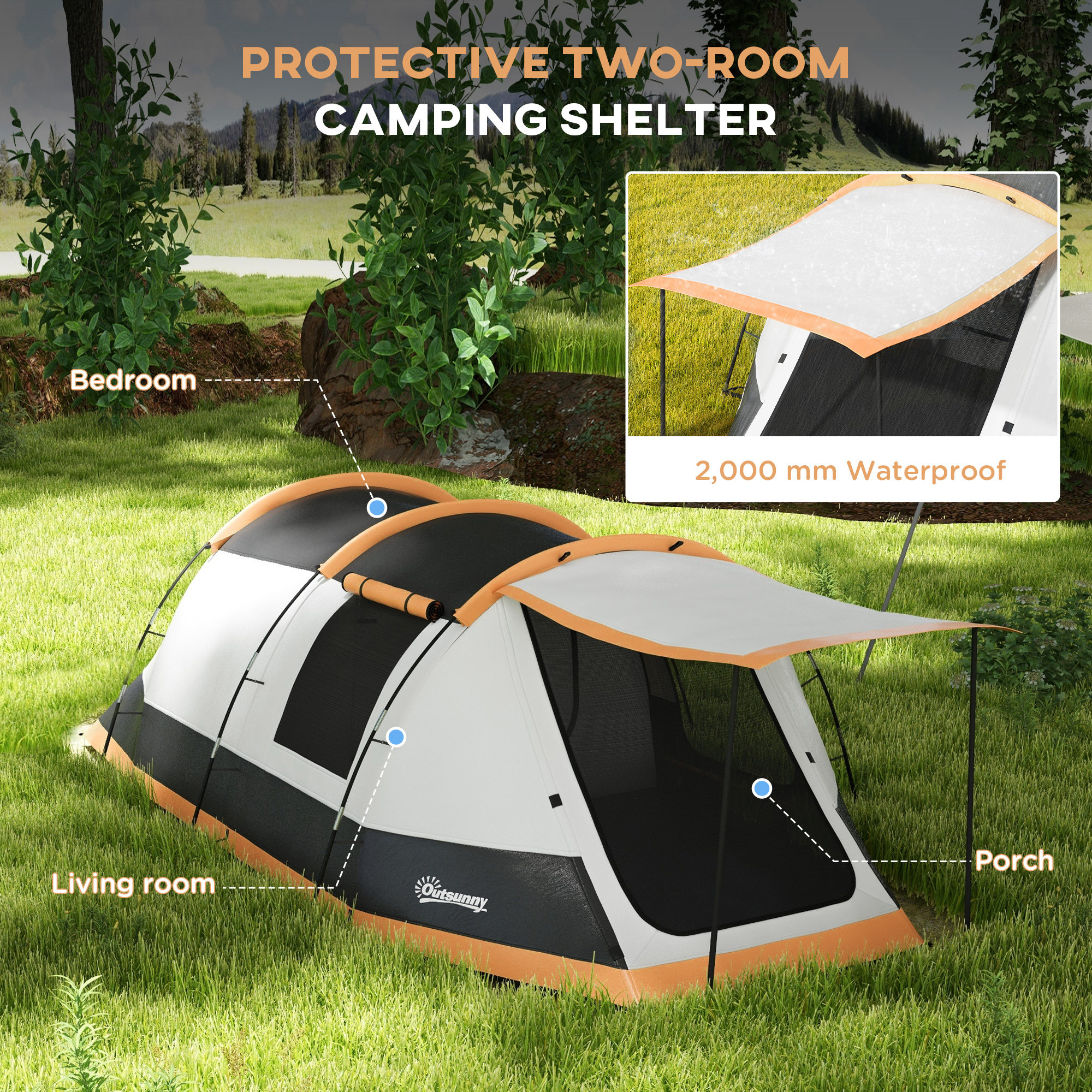 Outsunny 3-4 Man Camping Tent, Family Tunnel Tent, 2000mm Waterproof, Portable with Bag, Orange