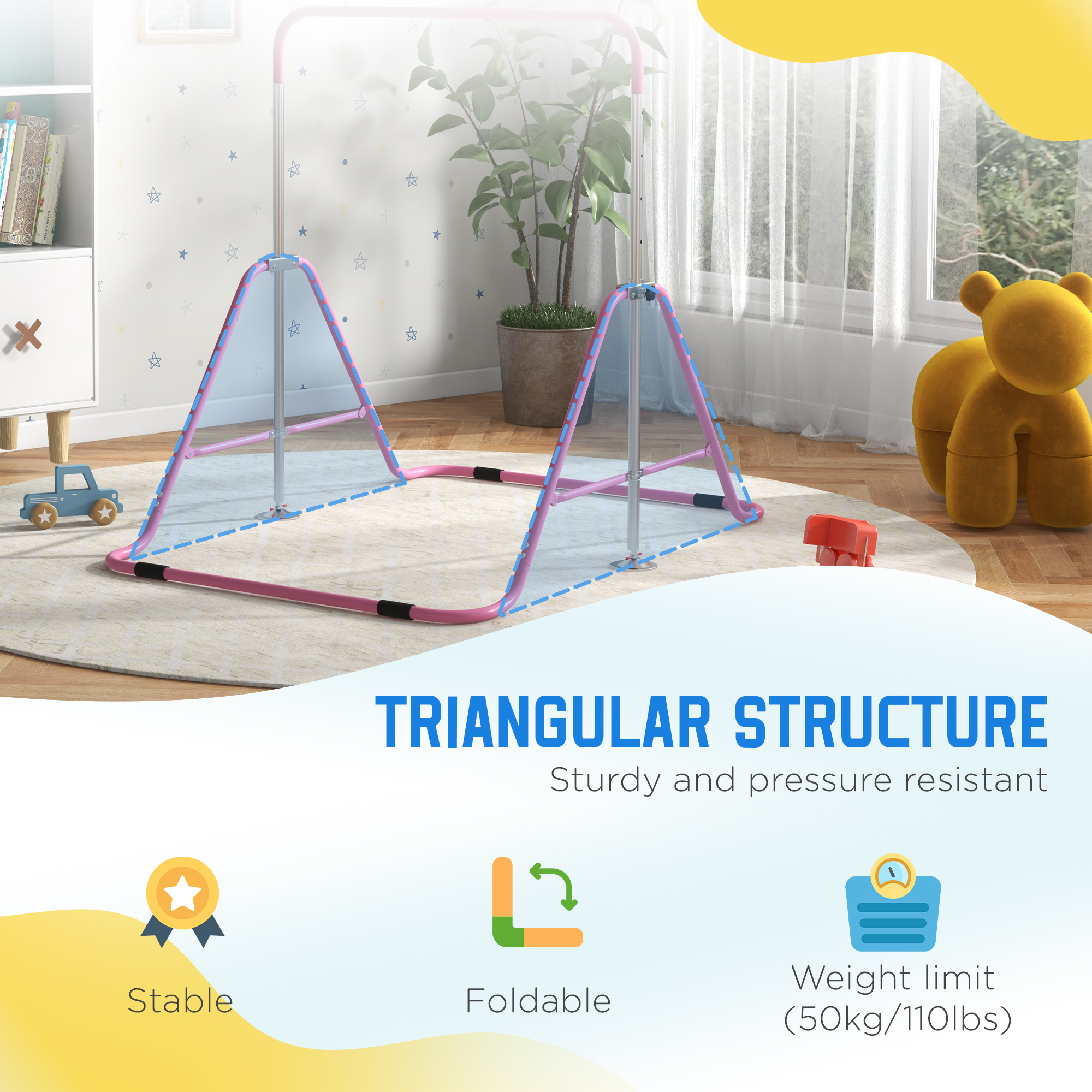 HOMCOM Kids Gymnastics Bar w/ Adjustable Height, Foldable Horizontal Bars, Pink