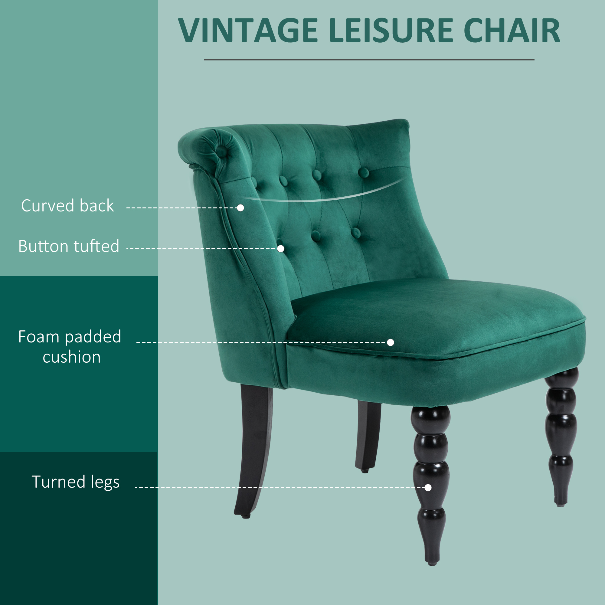 HOMCOM Velvet Accent Chair, Button Tufted Wingback Chair with Rubber Wood Legs for Living Room, Bedroom, Dark Green