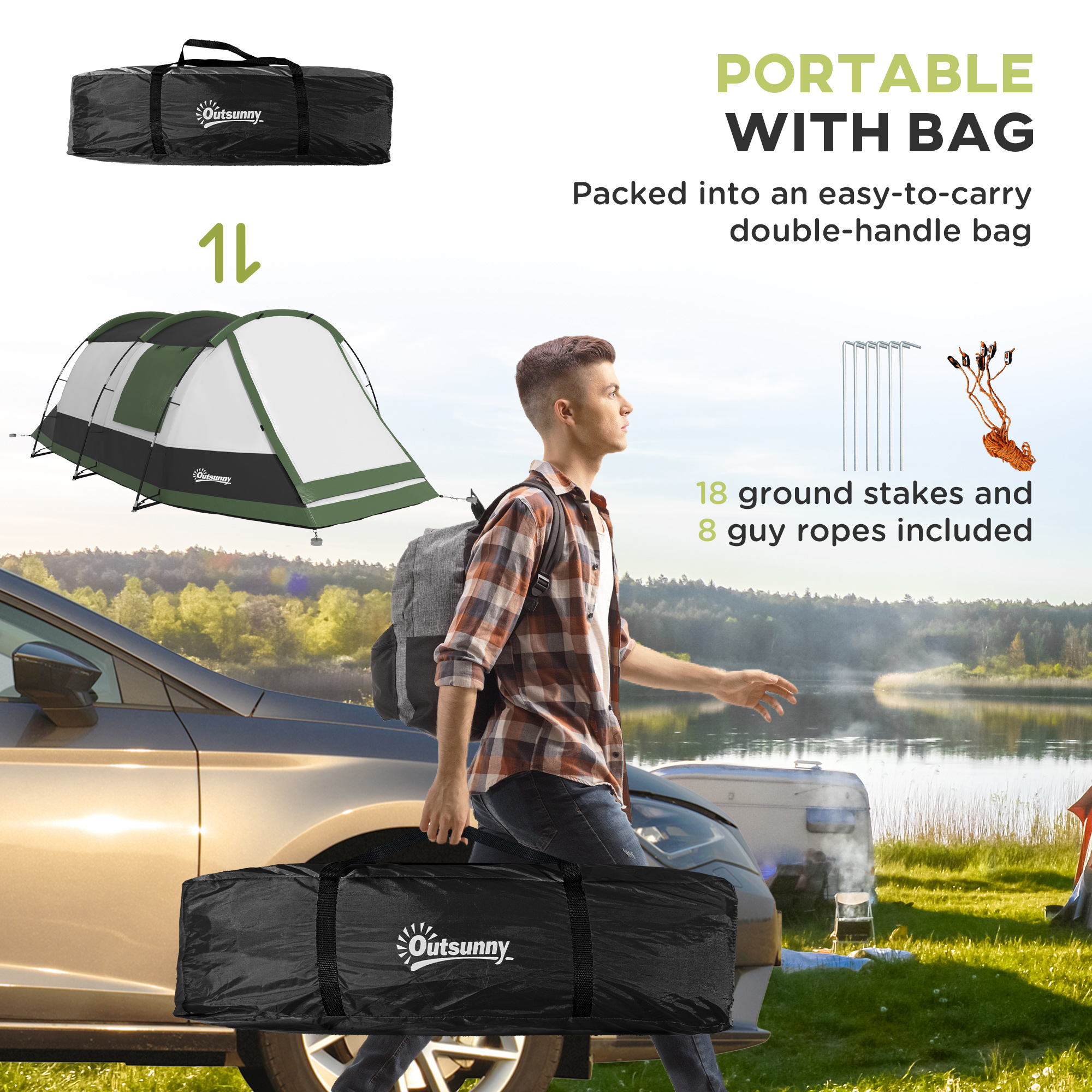 Outsunny Family Camping Tunnel Tent for 3-4 Persons, 2000mm Waterproof, Lightweight with Carry Bag, Green