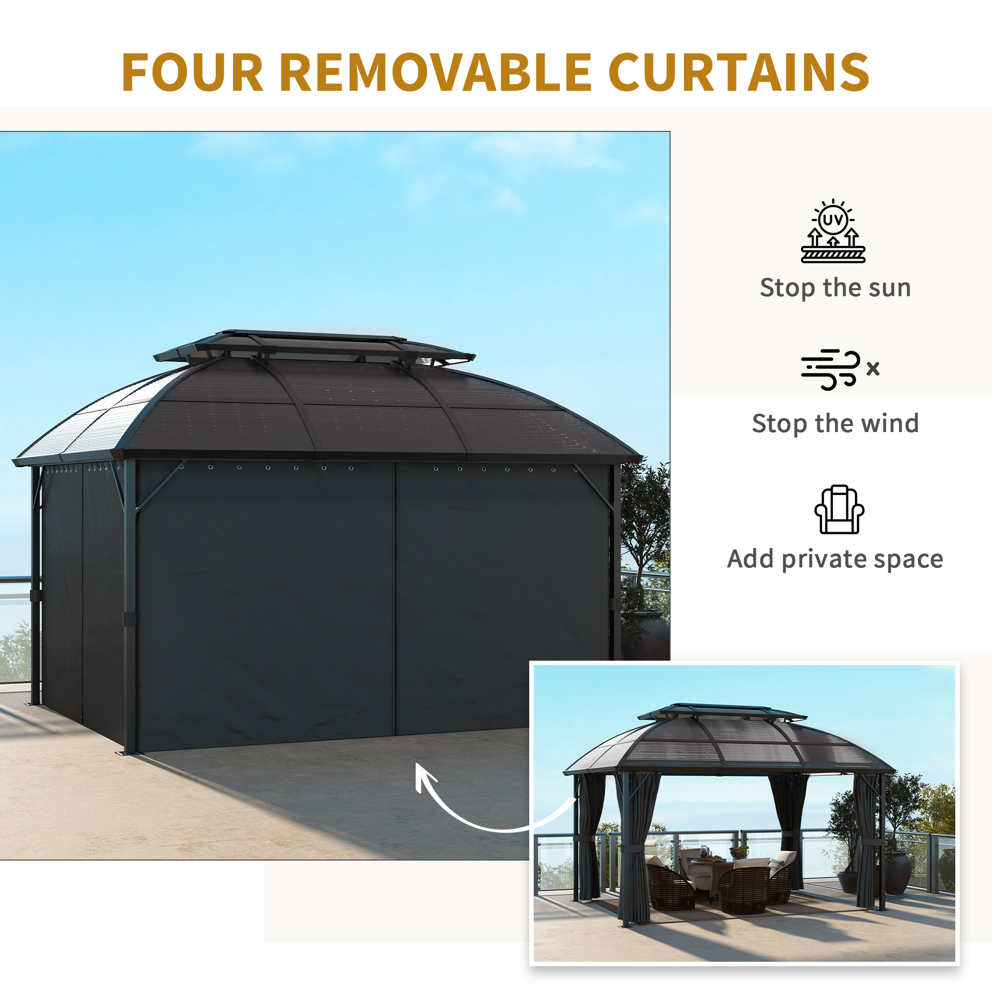 Outsunny Aluminium Frame 4 x 3(m) Polycarbonate Gazebo with Curtains, Nettings, Double Roof for Lawn, Yard, Patio, Deck, Brown
