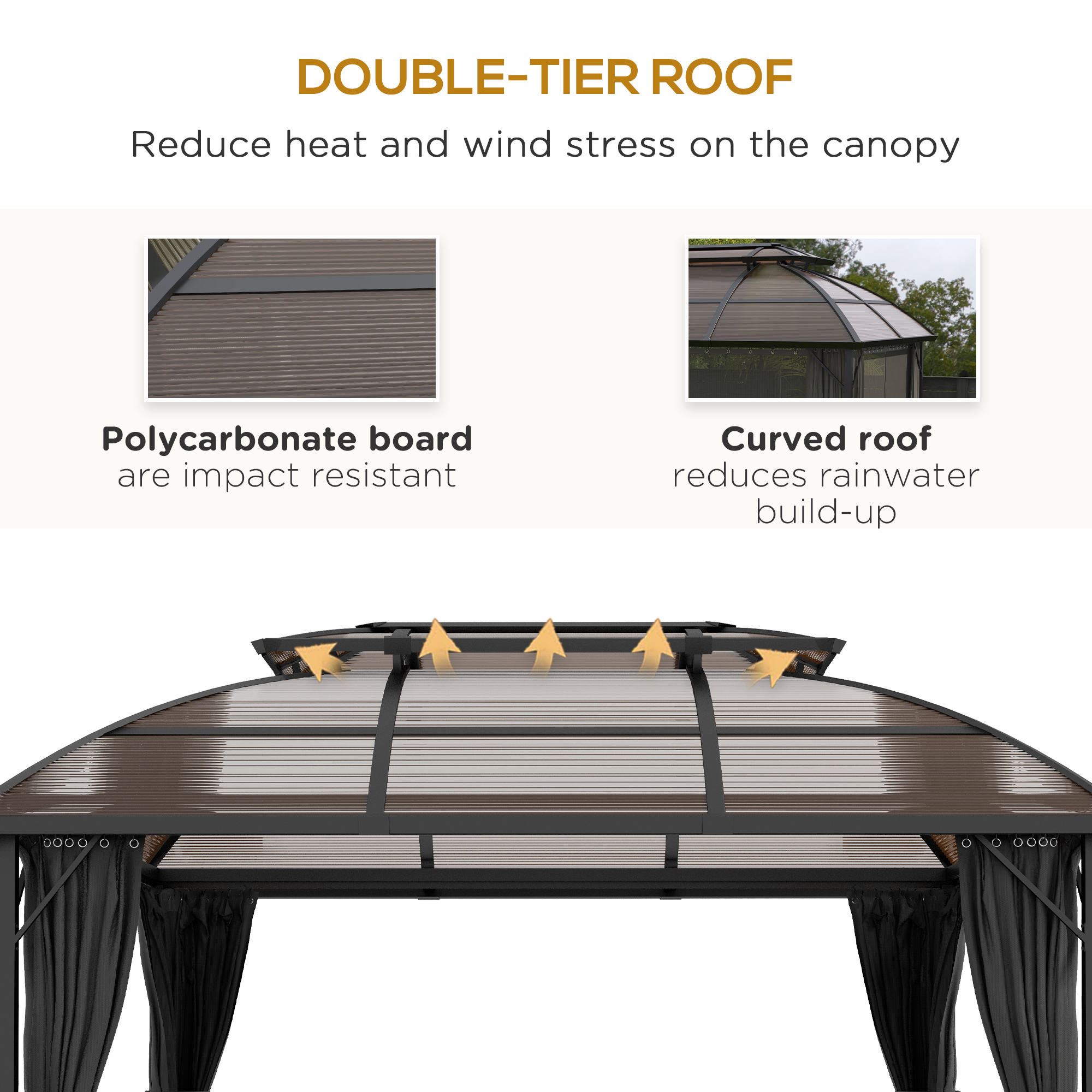 Outsunny Aluminium Frame 4 x 3(m) Polycarbonate Gazebo with Curtains, Nettings, Double Roof for Lawn, Yard, Patio, Deck, Brown