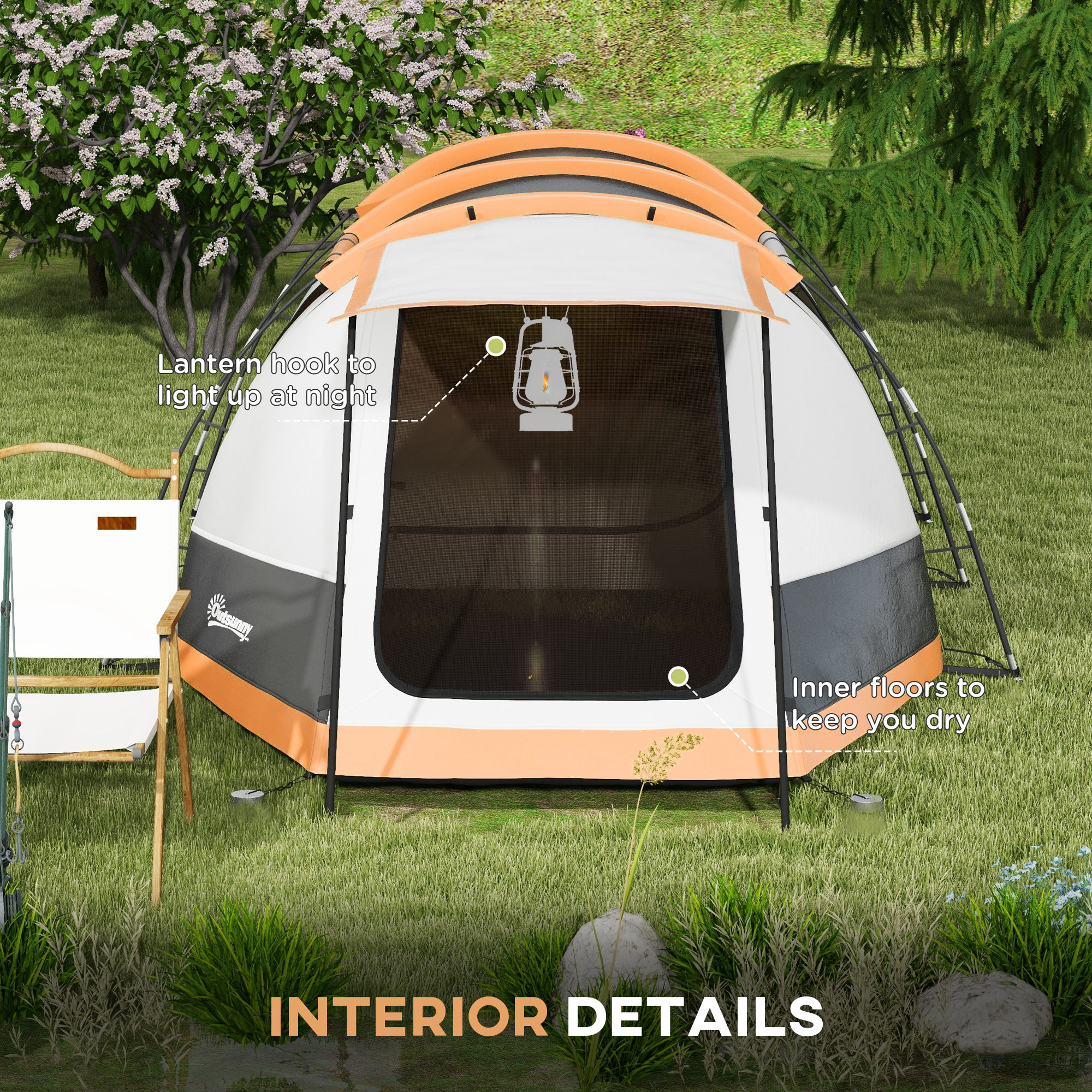 Outsunny 3-4 Man Camping Tent, Family Tunnel Tent, 2000mm Waterproof, Portable with Bag, Orange