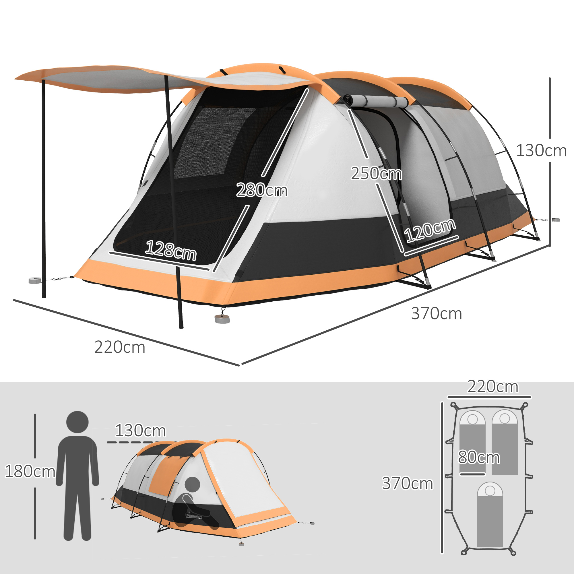 Outsunny 3-4 Man Camping Tent, Family Tunnel Tent, 2000mm Waterproof, Portable with Bag, Orange