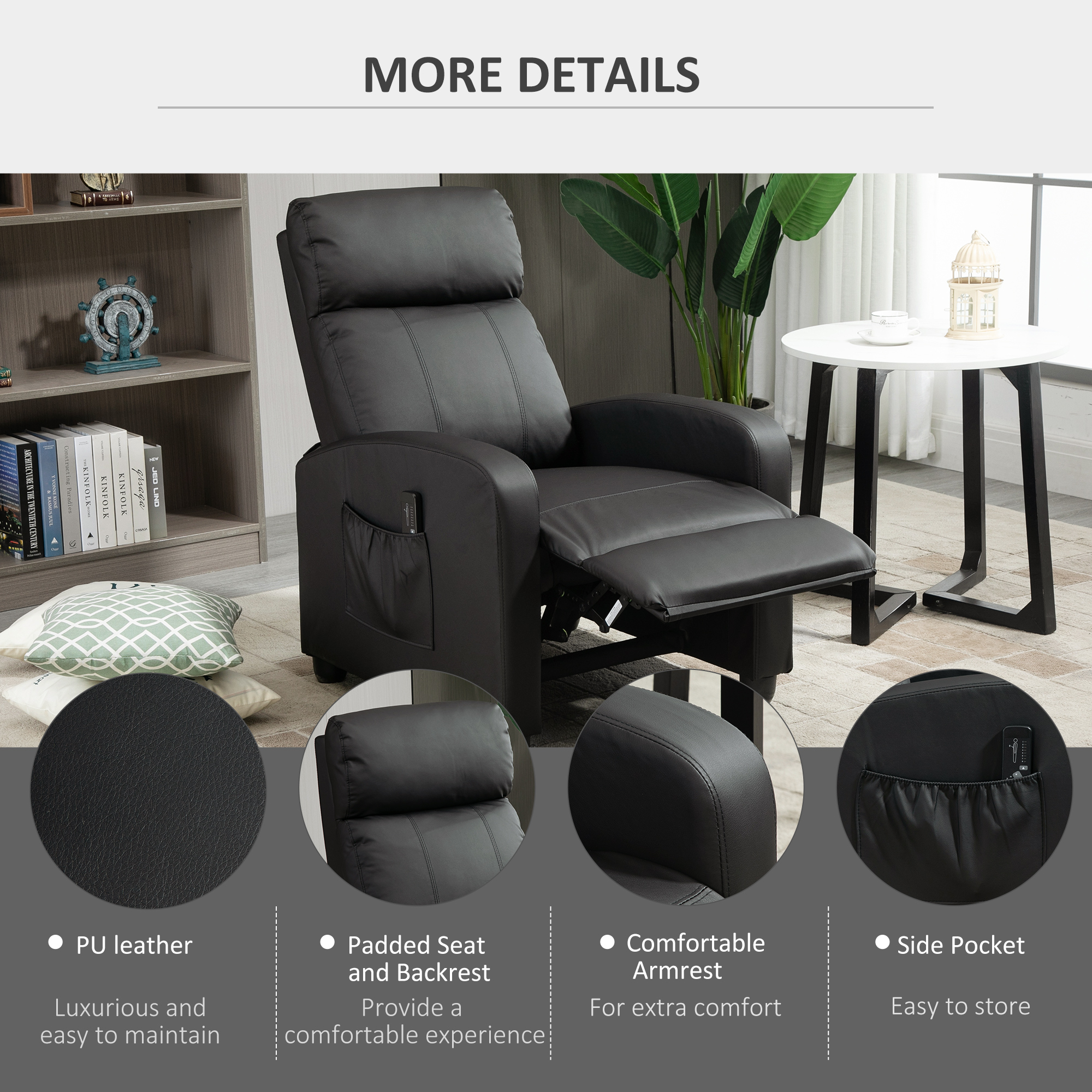 HOMCOM Recliner Sofa Chair PU Leather Massage Armcair w/ Footrest and Remote Control for Living Room, Bedroom, Home Theater, Black