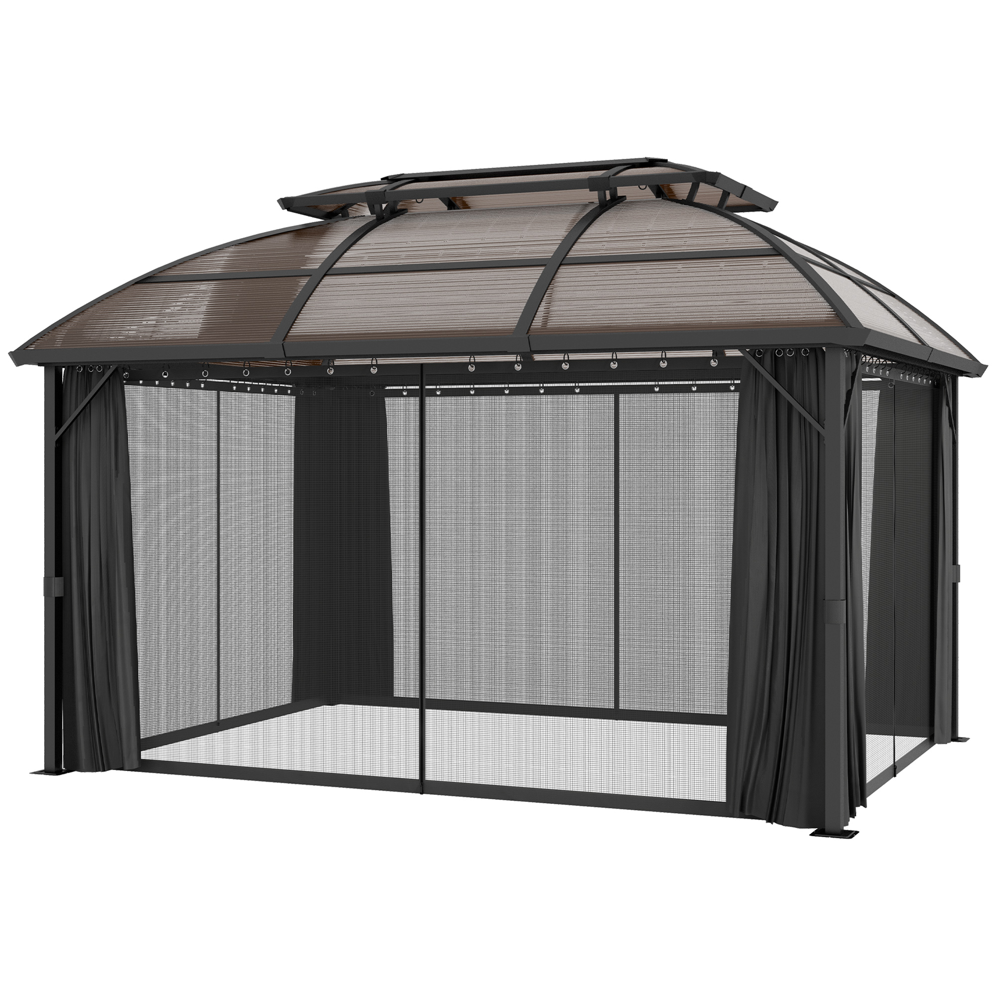 Outsunny Aluminium Frame 4 x 3(m) Polycarbonate Gazebo with Curtains, Nettings, Double Roof for Lawn, Yard, Patio, Deck, Brown