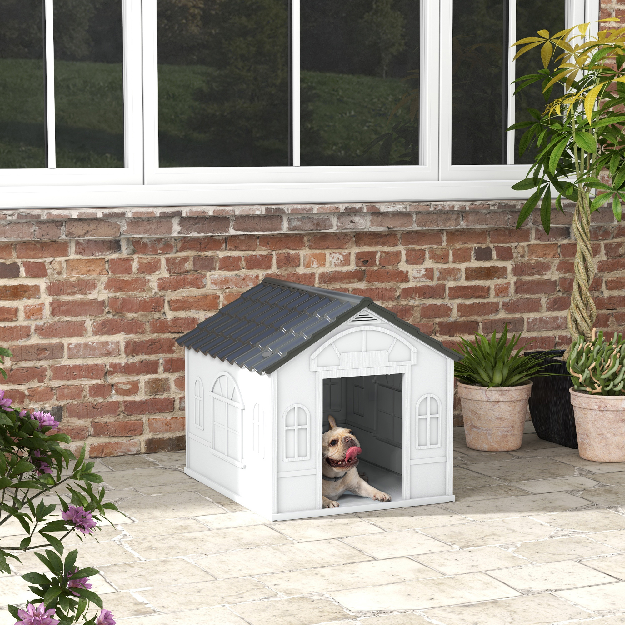 PawHut Plastic Weatherproof Dog House, Grey