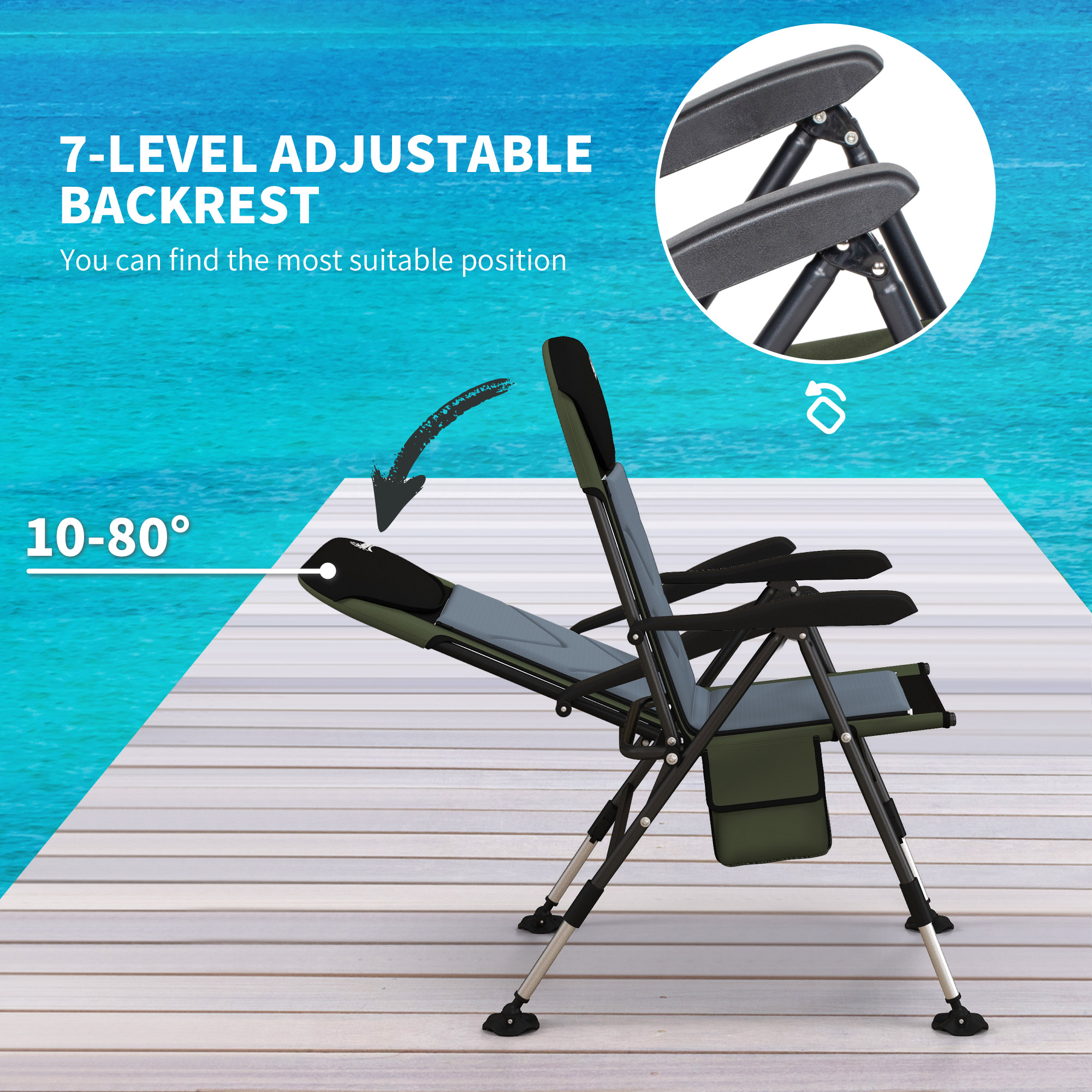Outsunny Portable Fishing Chair with Foldable Metal Frame, Adjustable Legs for Outdoor Use, Green/Black