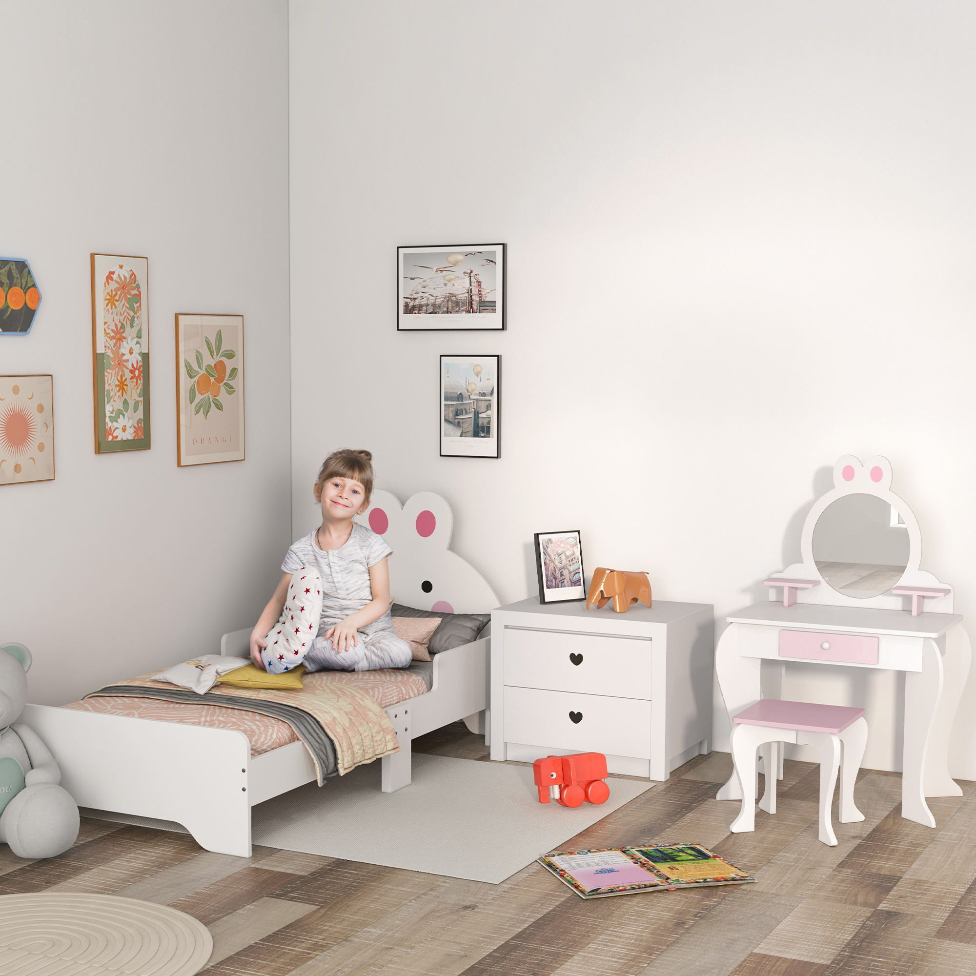 ZONEKIZ Kids Bedroom Furniture Set, Wooden with Dressing Table, Stool, Bed, Bunny-Design, for 3-6 Years