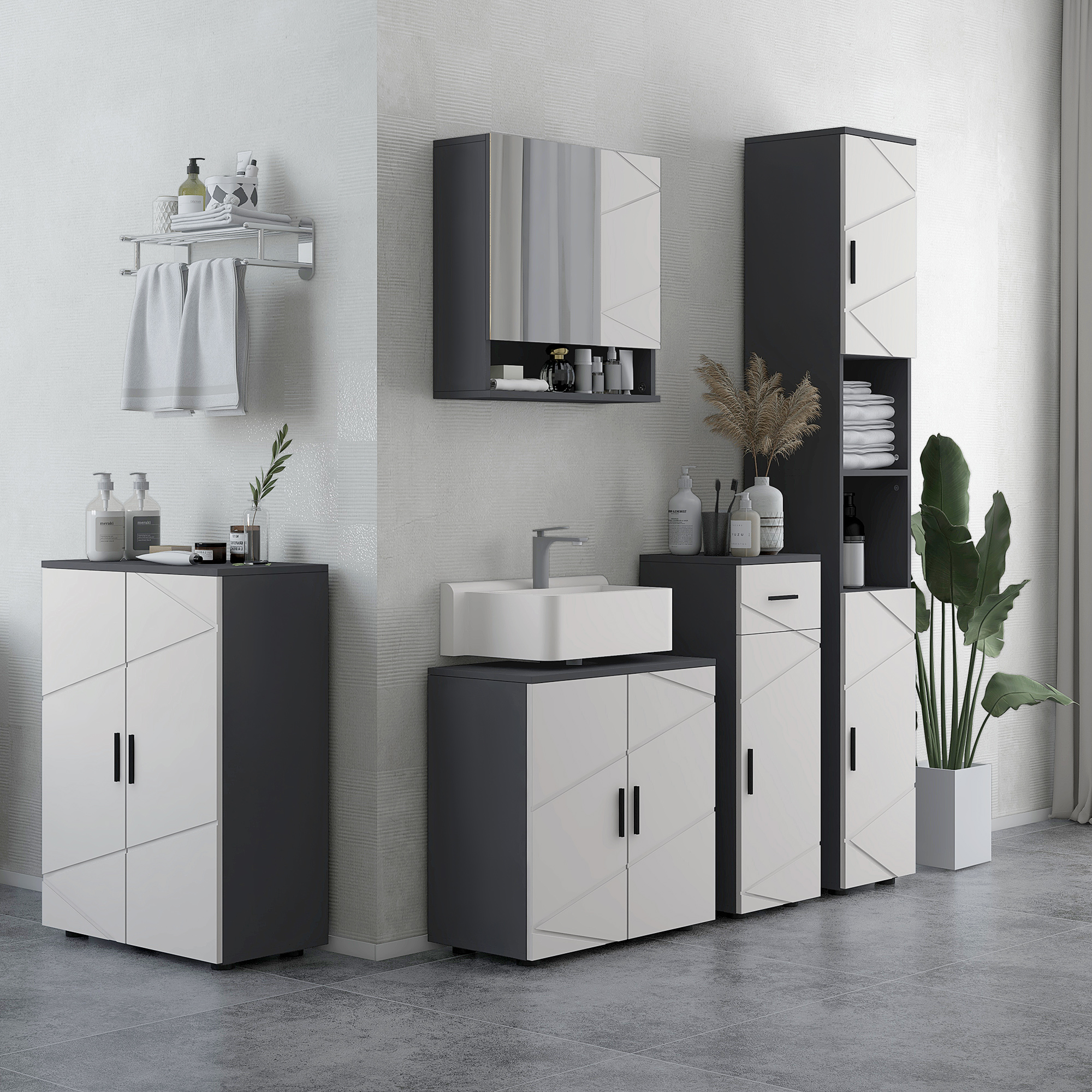 Kleankin Bathroom Furniture Set, 5-Piece Storage Solution with Tall & Small Cabinets, Wall-Mounted Mirror, Under Sink Unit, Grey