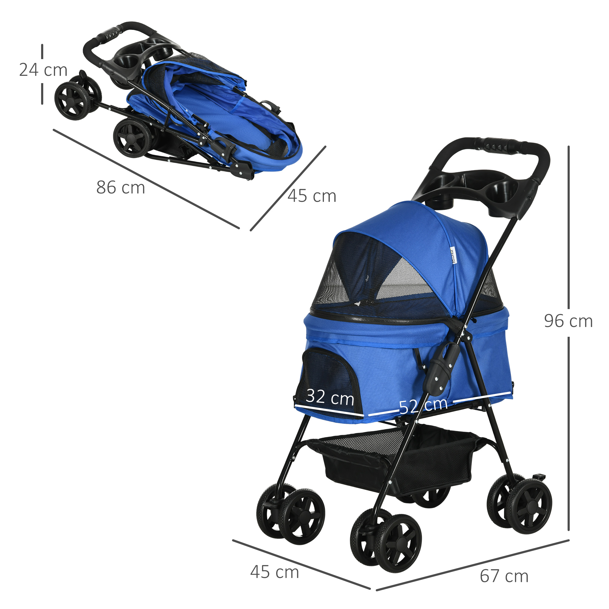 PawHut Pet Stroller Dog Cat Travel Pushchair One-Click Fold Trolley Jogger with EVA Wheels Brake Basket Adjustable Canopy Safety Leash Blue