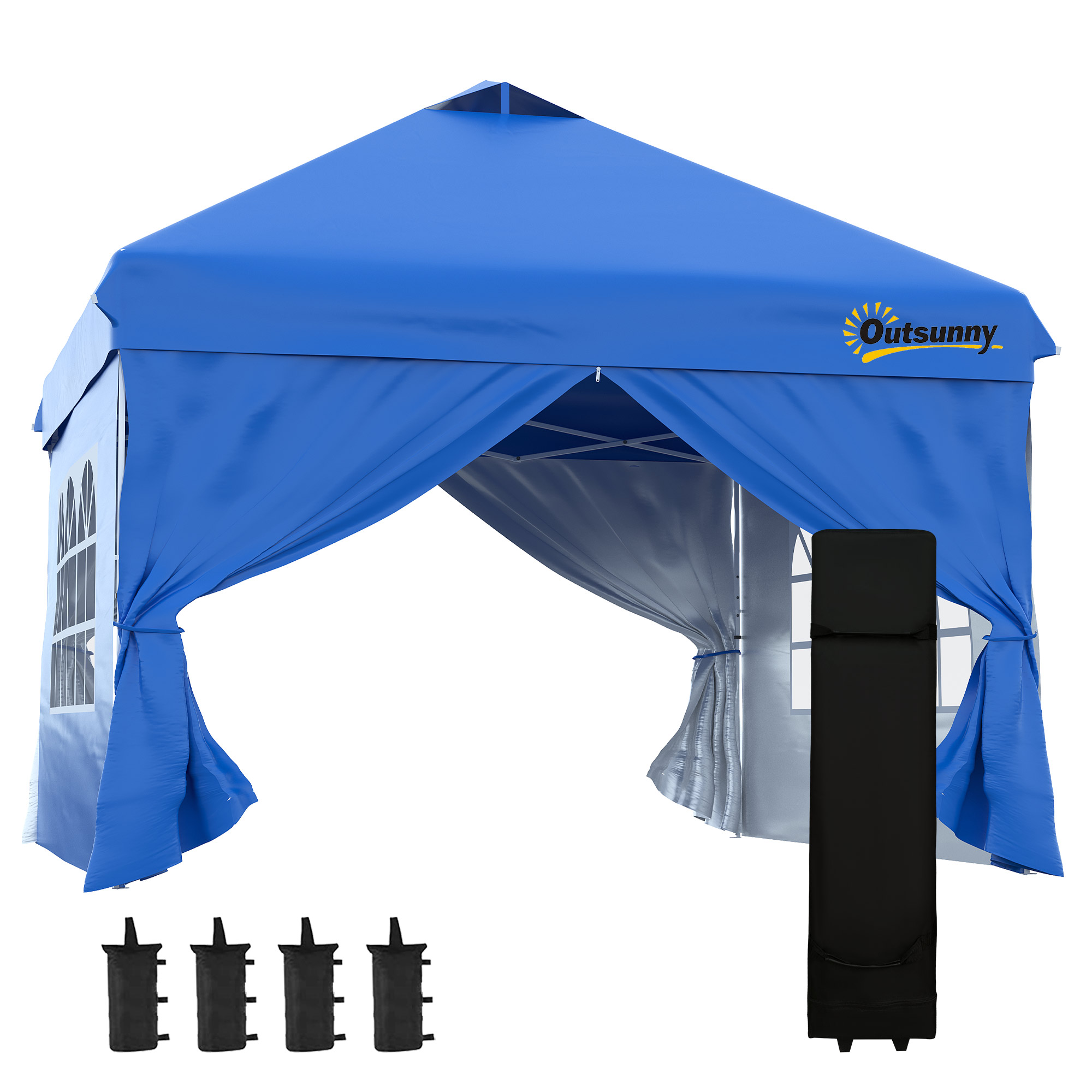 Outsunny Carpa Plegable 3x3 m con Altura Ajustable de 3 Niveles Cenador de Jardín con 4 Paredes Extraíbles 2 Ventanas 4 Sacos de Arena Azul