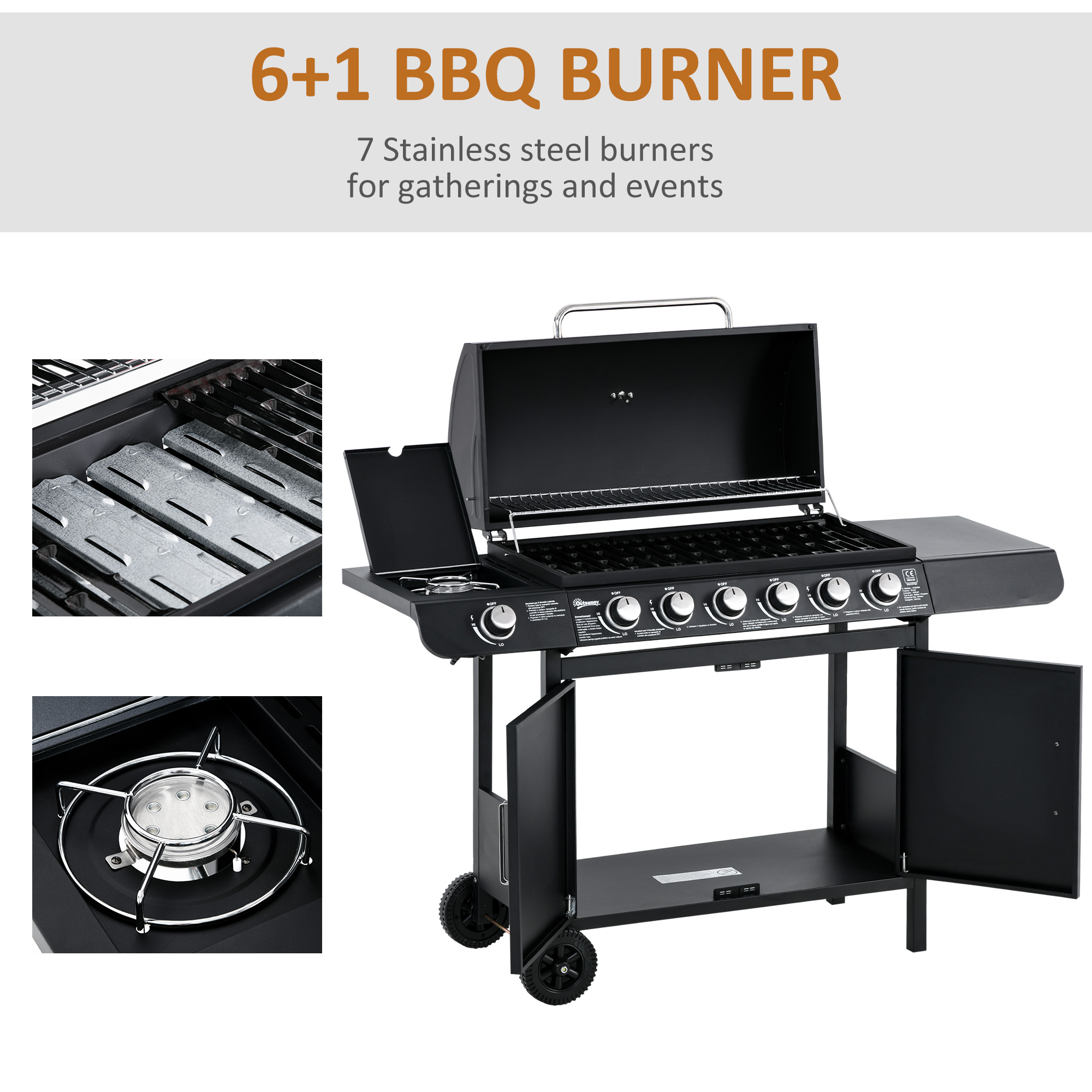 Outsunny Seven Burner Gas Grill, with Integrated Thermometer and Storage