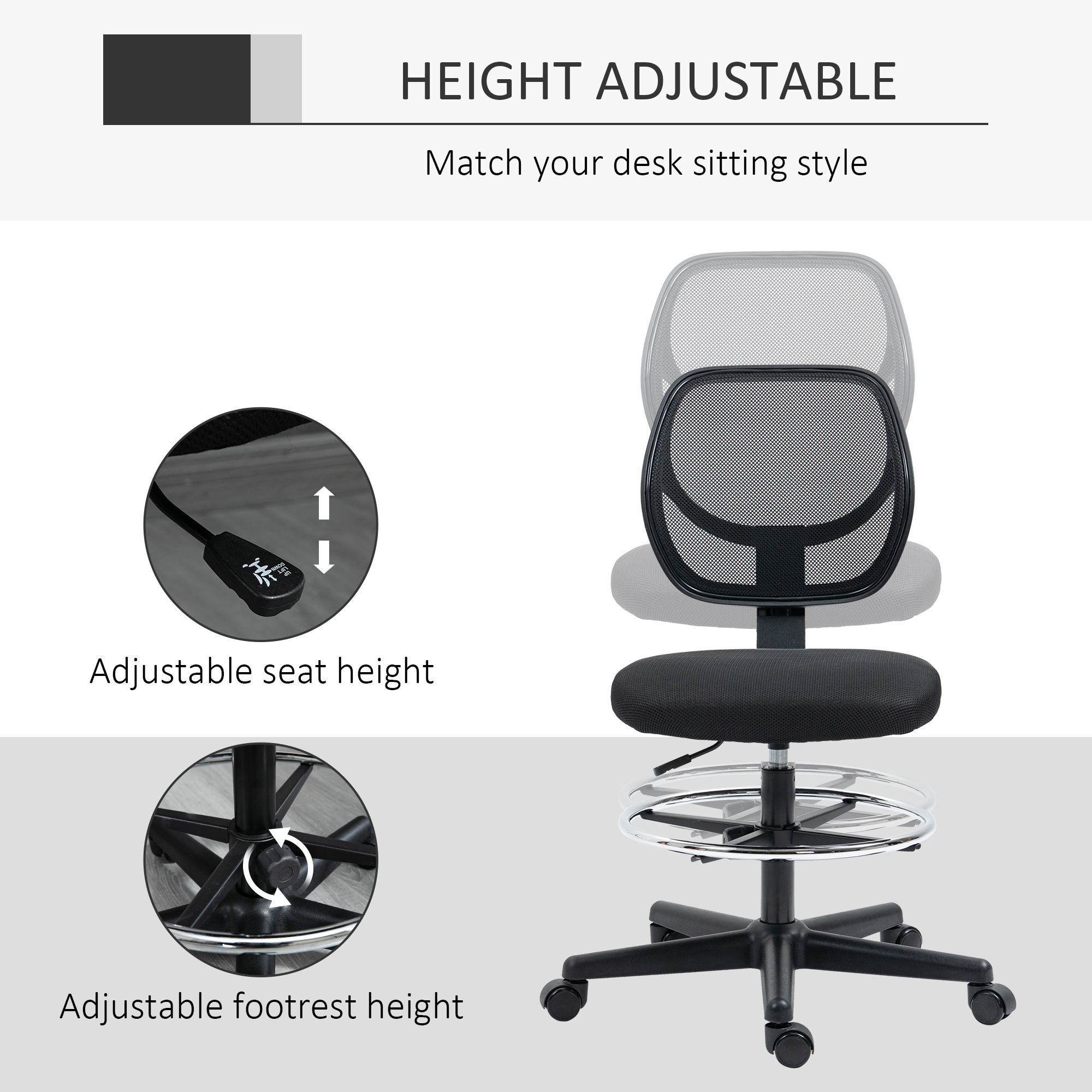 Vinsetto Ergonomic Mesh Office Chair, Standing Desk Compatible, Adjustable Footrest and Seat Height, Black