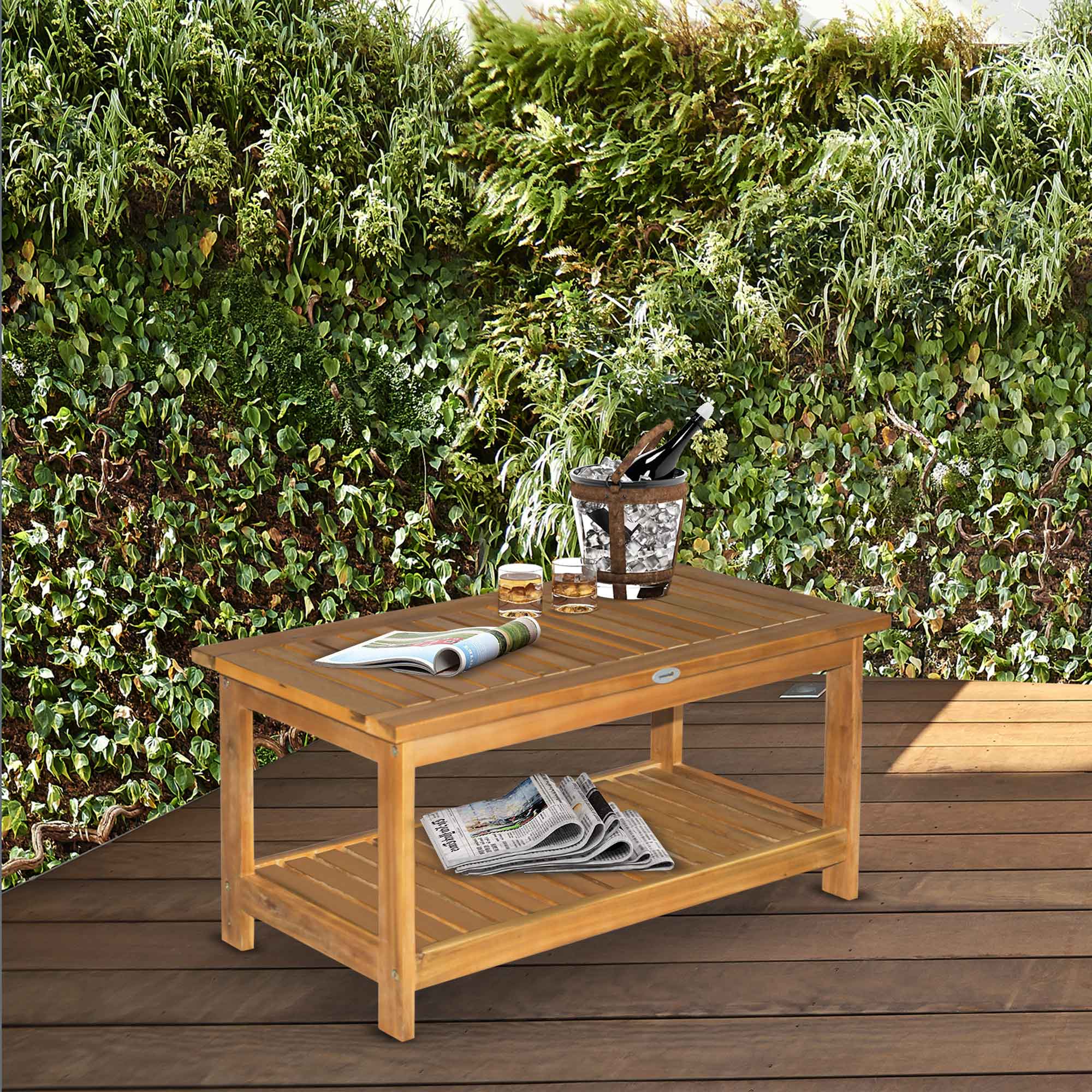 Outsunny Acacia Wood Garden Table, Two-Tier Outdoor Side Table, 45 x 90cm, Ideal for Patio, Deck, and Garden