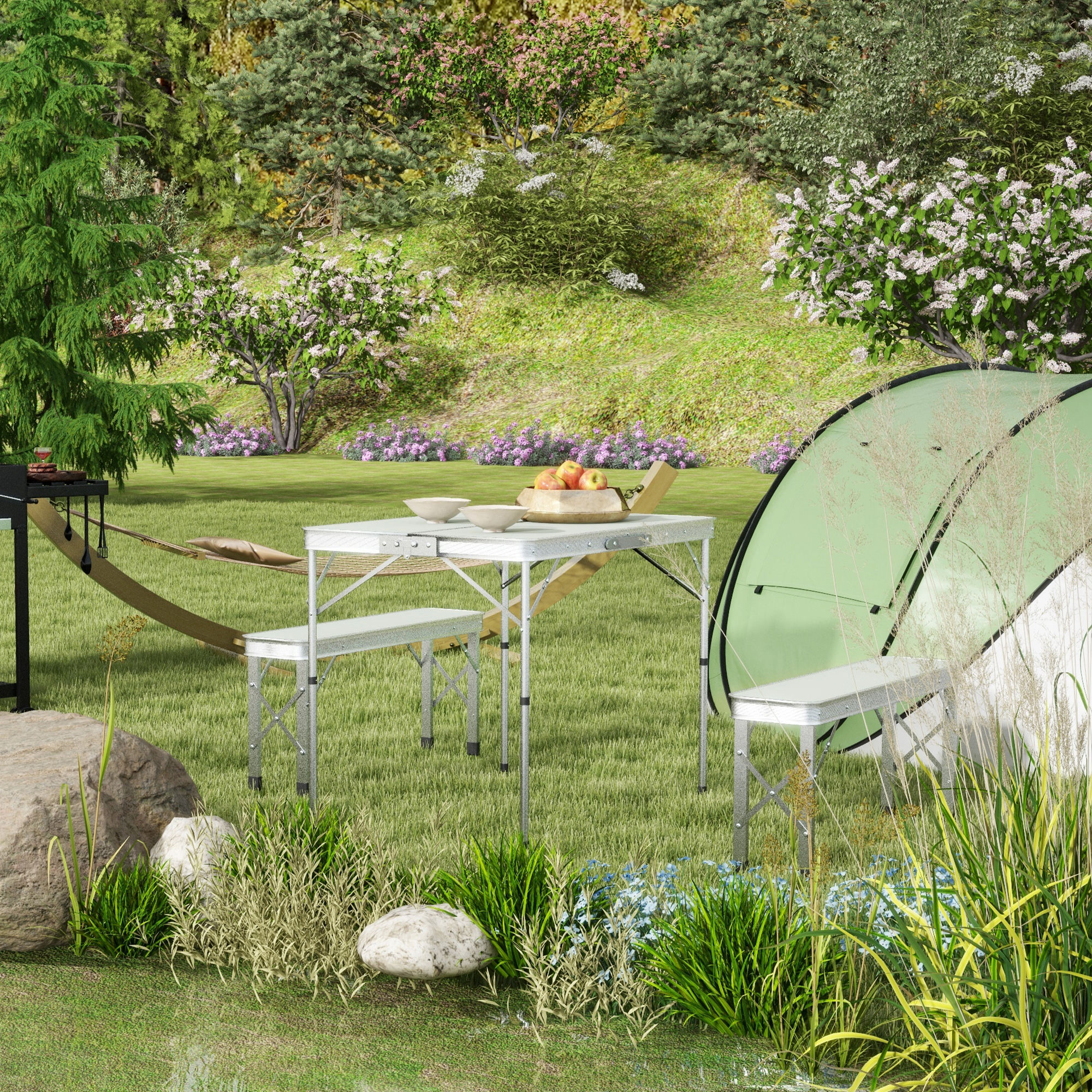 Outsunny Picnic Table Set, Foldable Camping Aluminium Table with 2 Benches, Lightweight for Garden, Party, BBQ, Silver