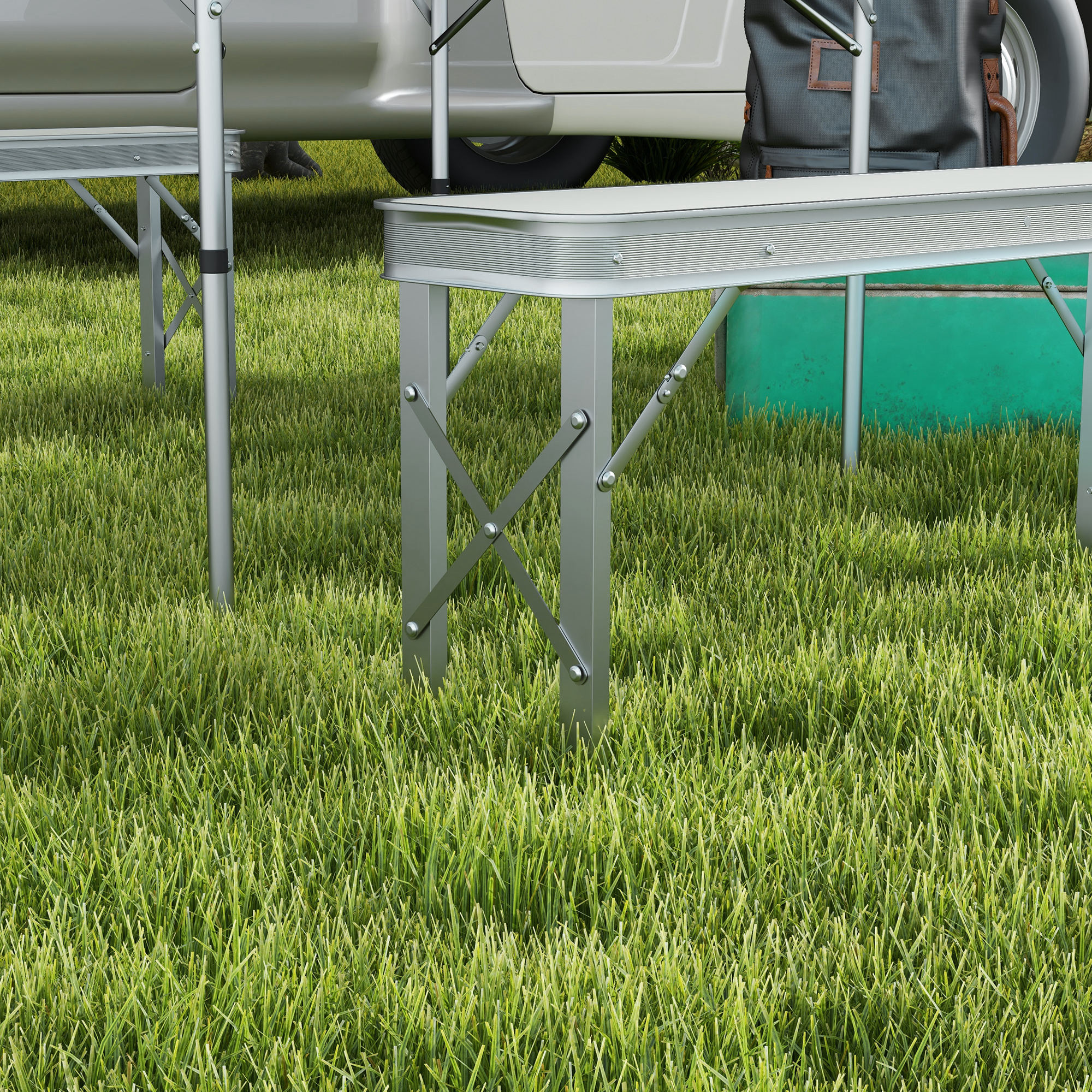 Outsunny Picnic Table Set, Foldable Camping Aluminium Table with 2 Benches, Lightweight for Garden, Party, BBQ, Silver