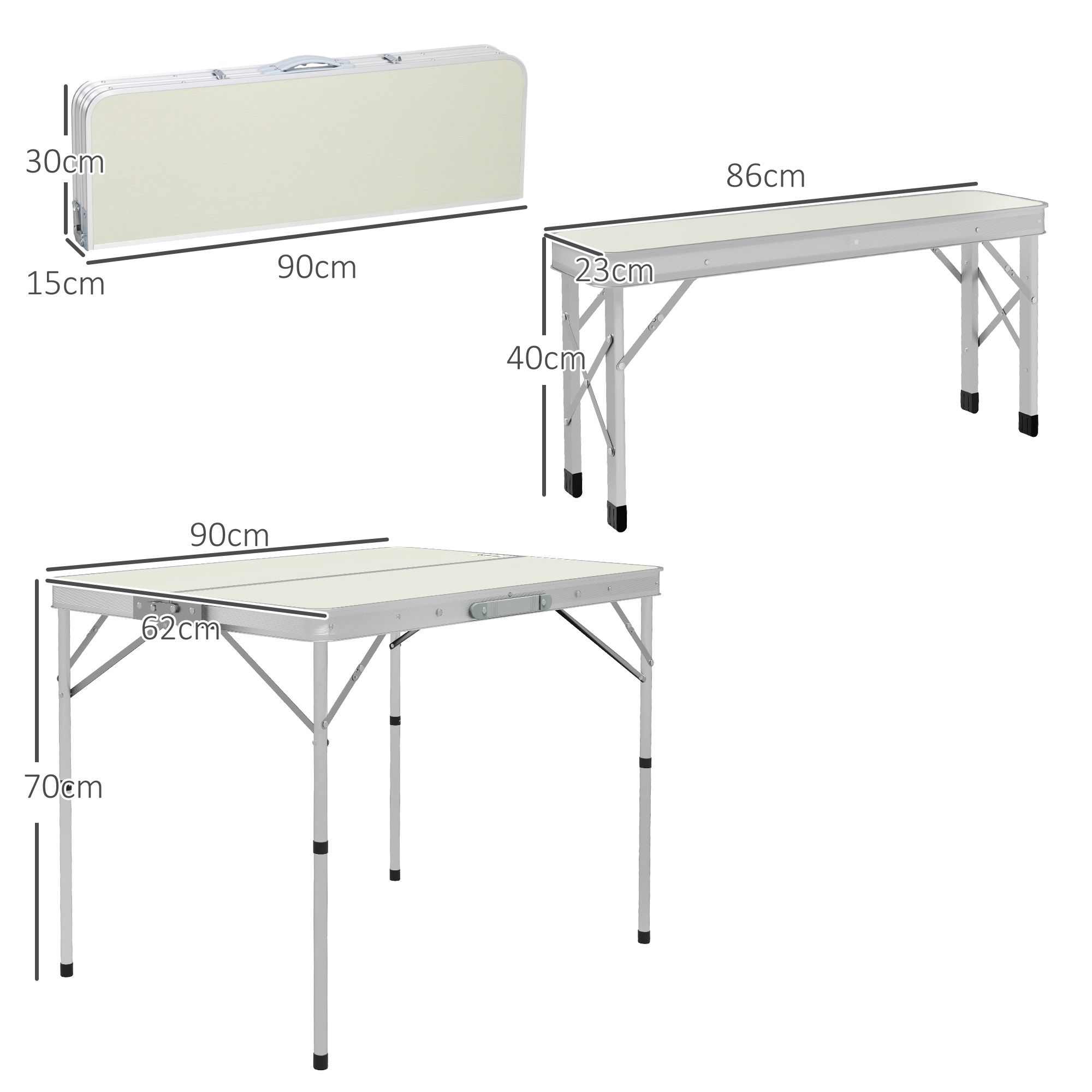 Outsunny Picnic Table Set, Foldable Camping Aluminium Table with 2 Benches, Lightweight for Garden, Party, BBQ, Silver