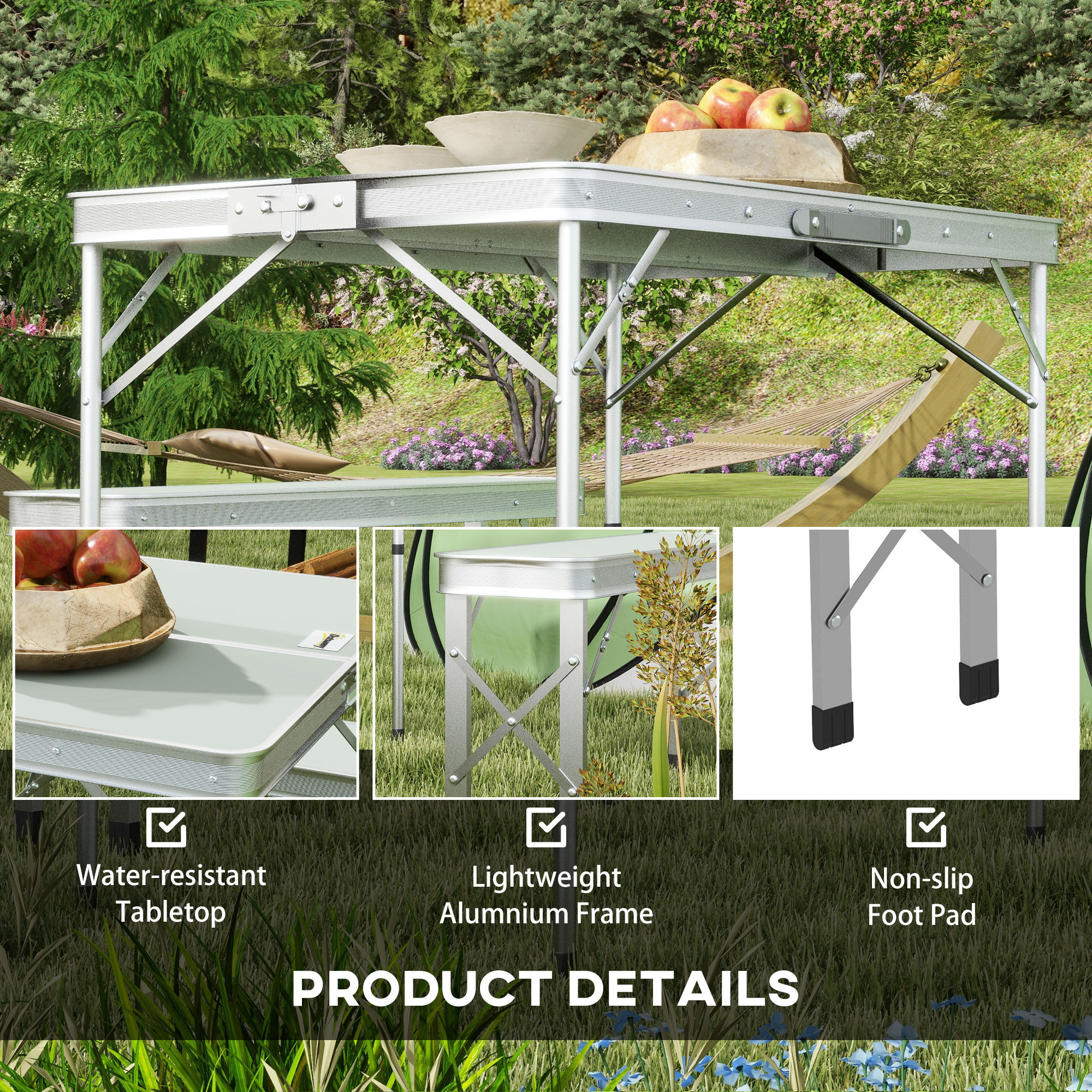Outsunny Picnic Table Set, Foldable Camping Aluminium Table with 2 Benches, Lightweight for Garden, Party, BBQ, Silver