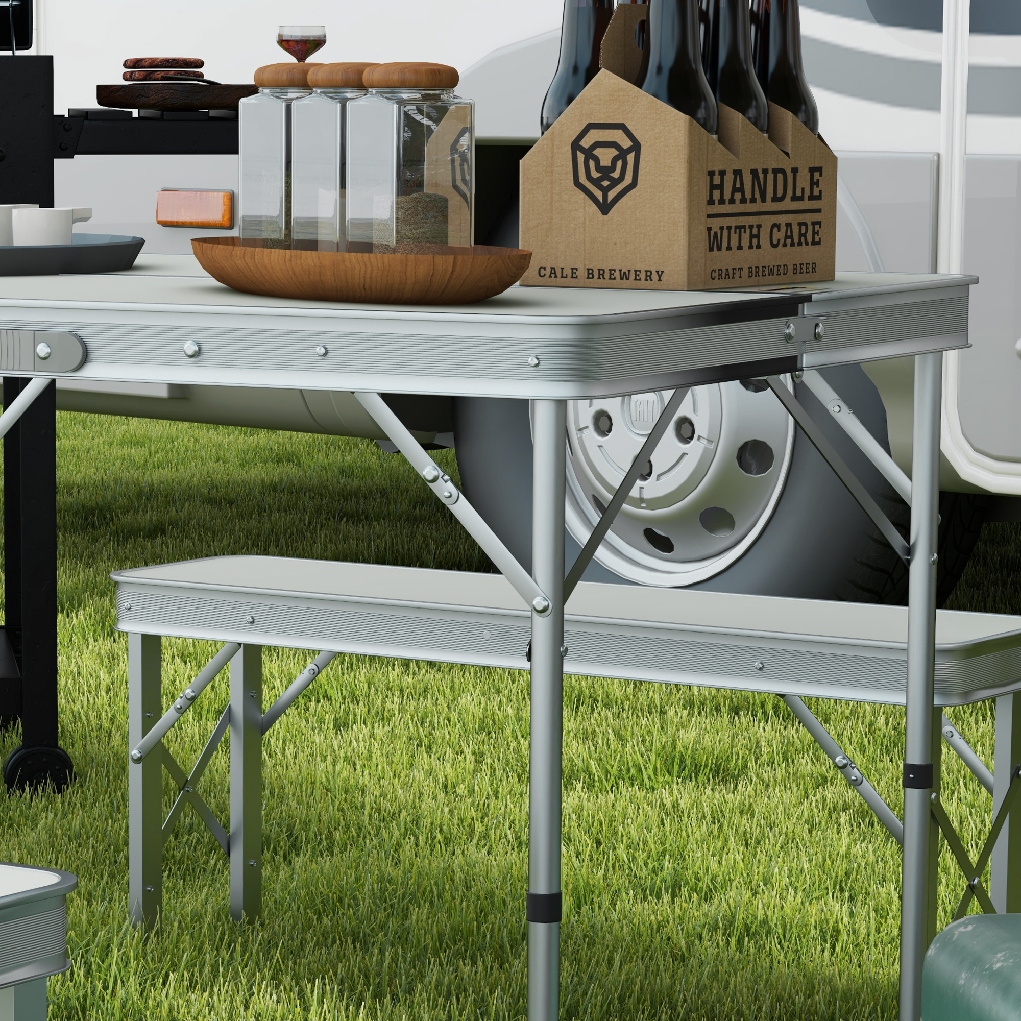 Outsunny Picnic Table Set, Foldable Camping Aluminium Table with 2 Benches, Lightweight for Garden, Party, BBQ, Silver