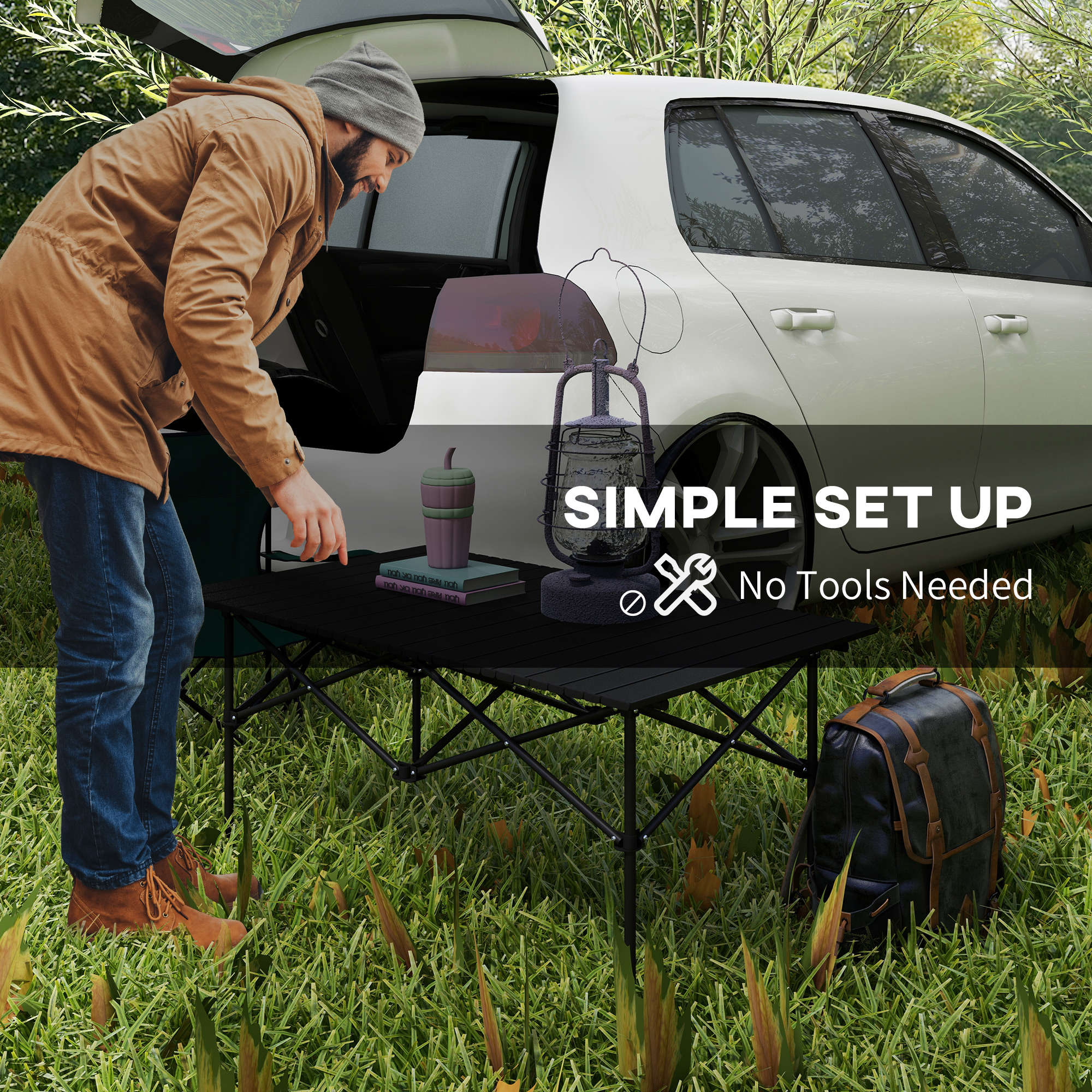 Outsunny Aluminium Folding Picnic Table, Lightweight, Portable with Roll Up Top and Carry Bag for Outdoor Activities, Cooking, Hiking