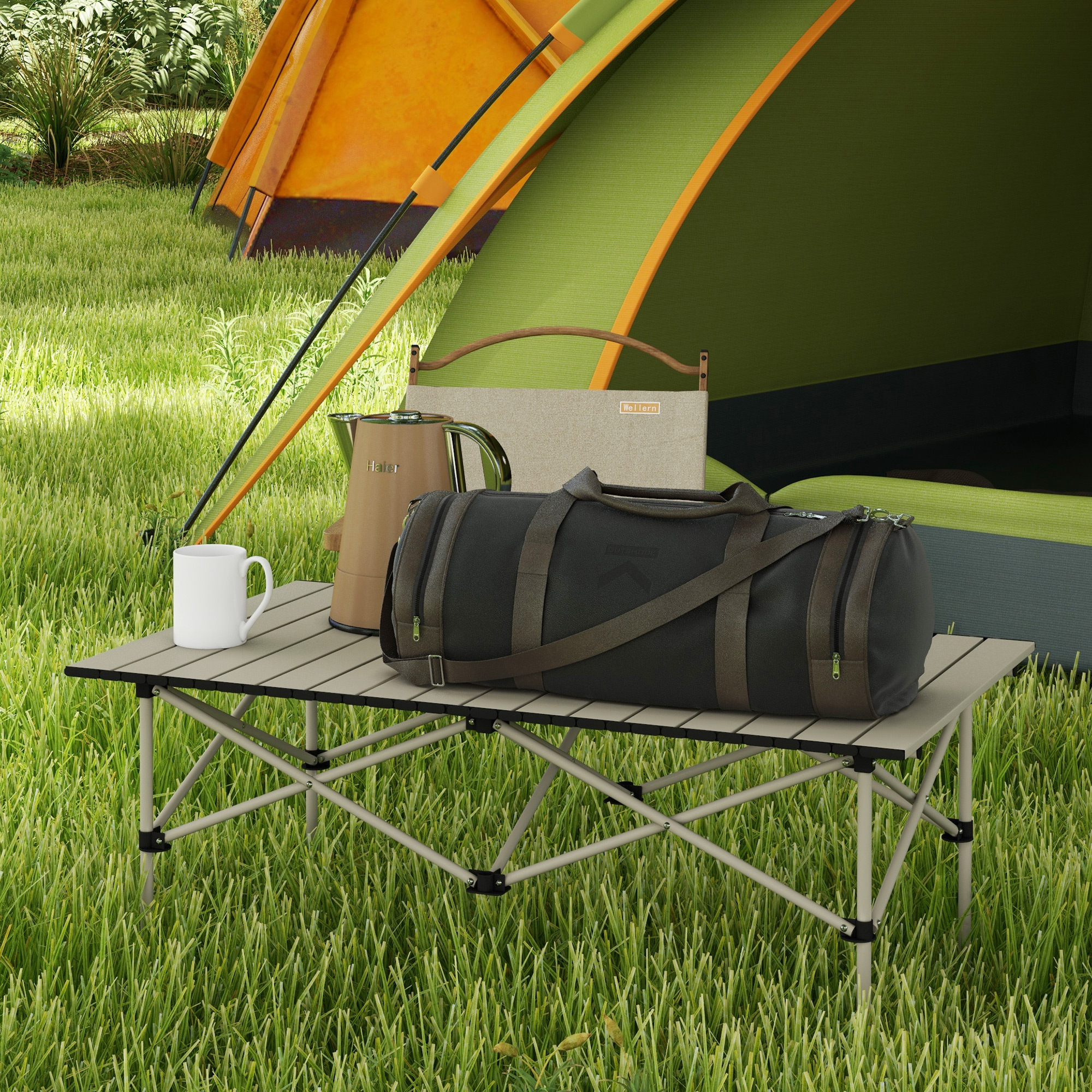 Outsunny Aluminium Folding Picnic Table, Lightweight, Portable with Roll Up Top and Carry Bag for Outdoor Adventures, Cooking, Hiking