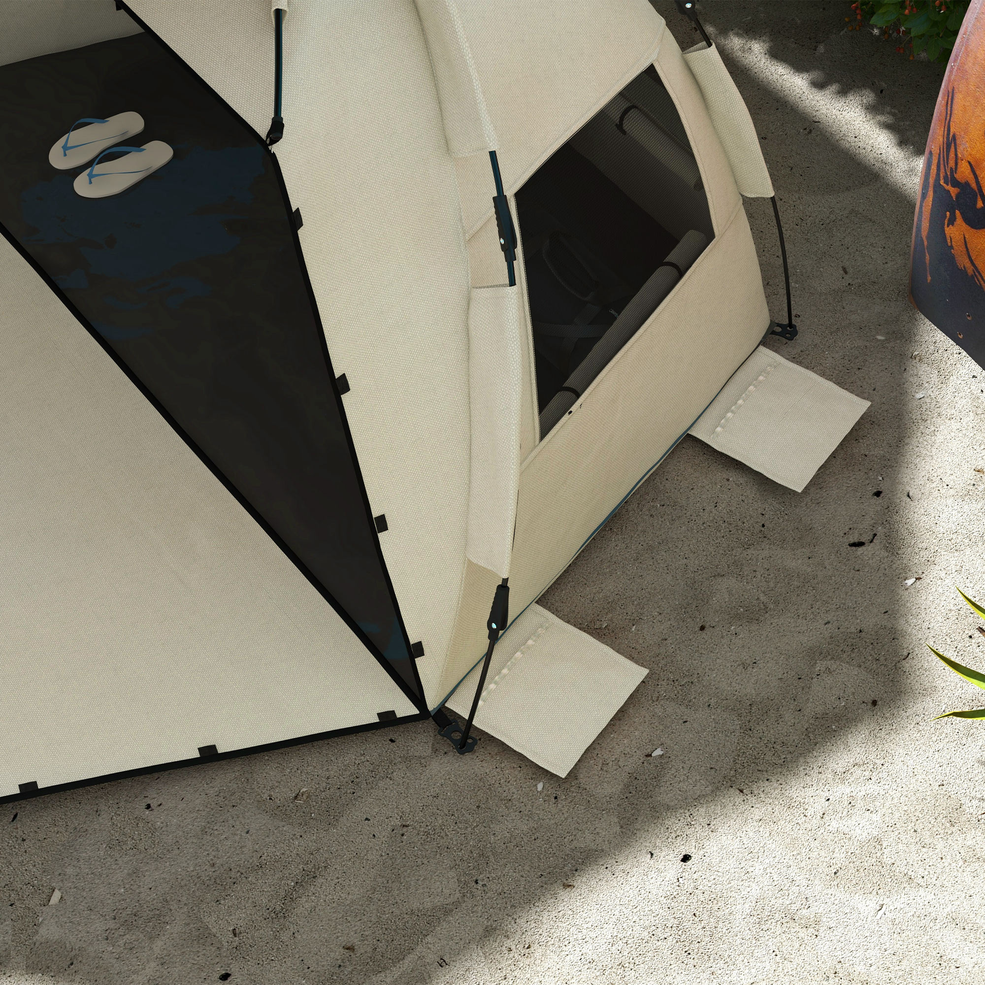 Outsunny 2-3 Person Pop Up Beach Tent, UPF15+ Sun Shelter with Extended Floor, Sandbags, Mesh Windows and Carry Bag, Khaki