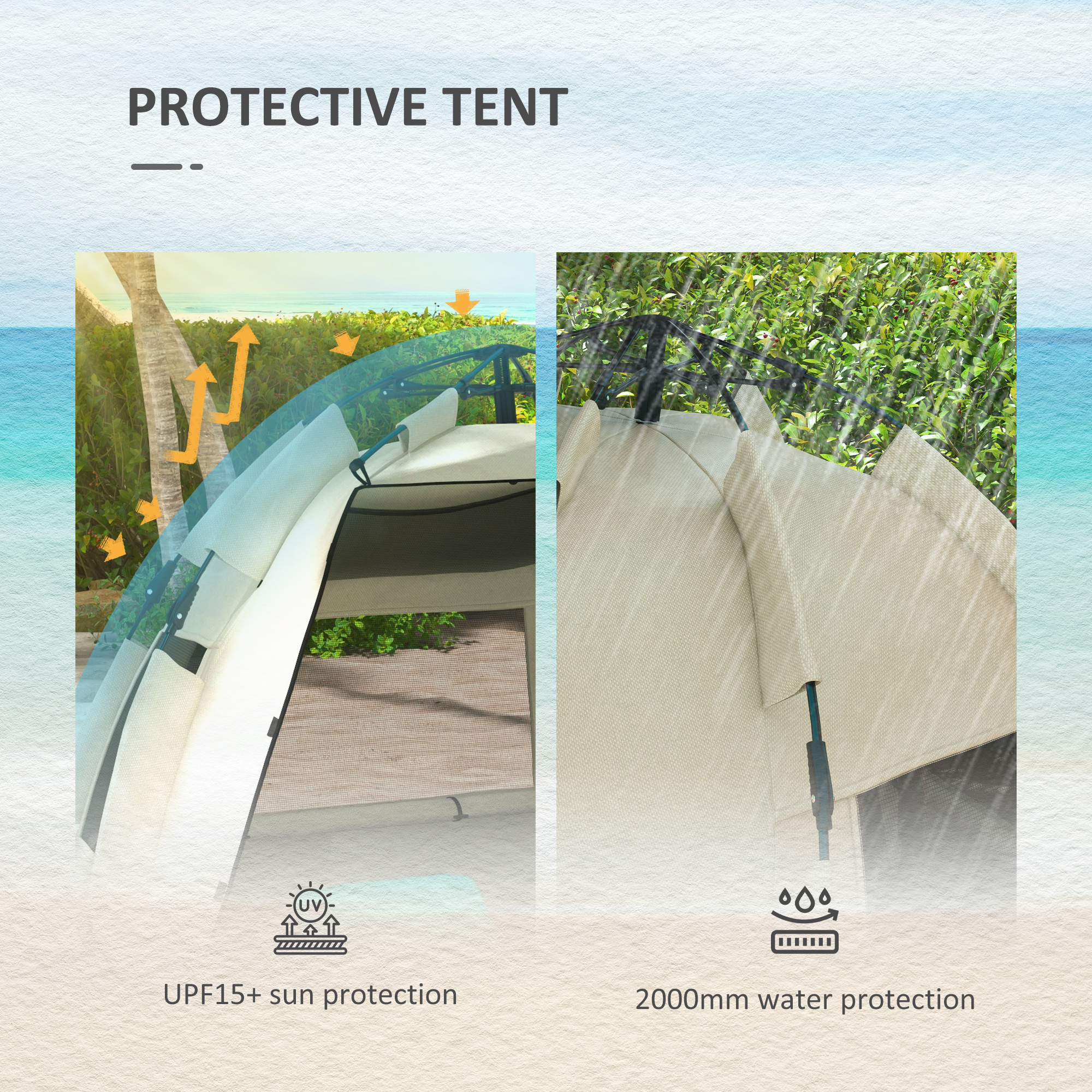 Outsunny 2-3 Person Pop Up Beach Tent, UPF15+ Sun Shelter with Extended Floor, Sandbags, Mesh Windows and Carry Bag, Khaki