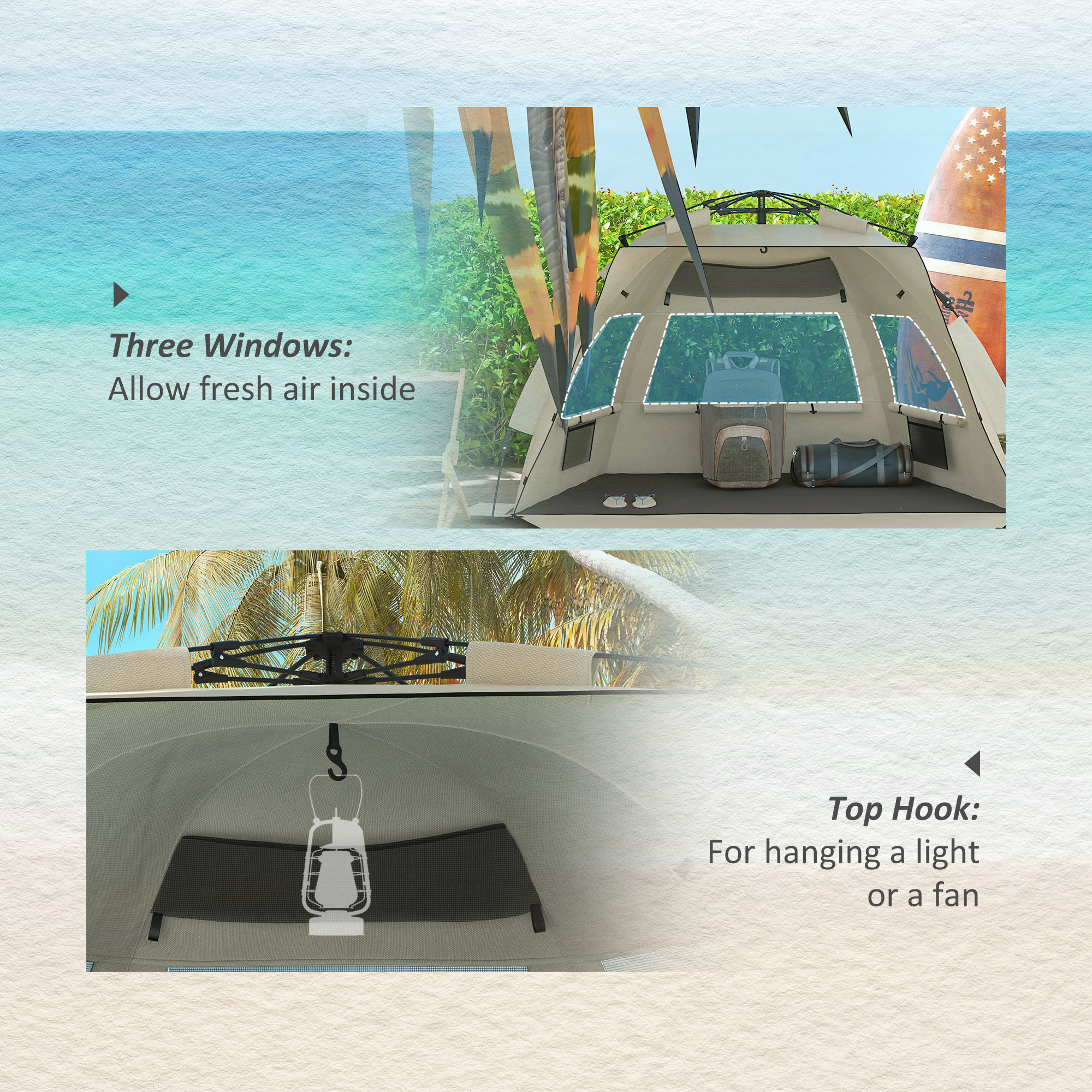 Outsunny 2-3 Person Pop Up Beach Tent, UPF15+ Sun Shelter with Extended Floor, Sandbags, Mesh Windows and Carry Bag, Khaki