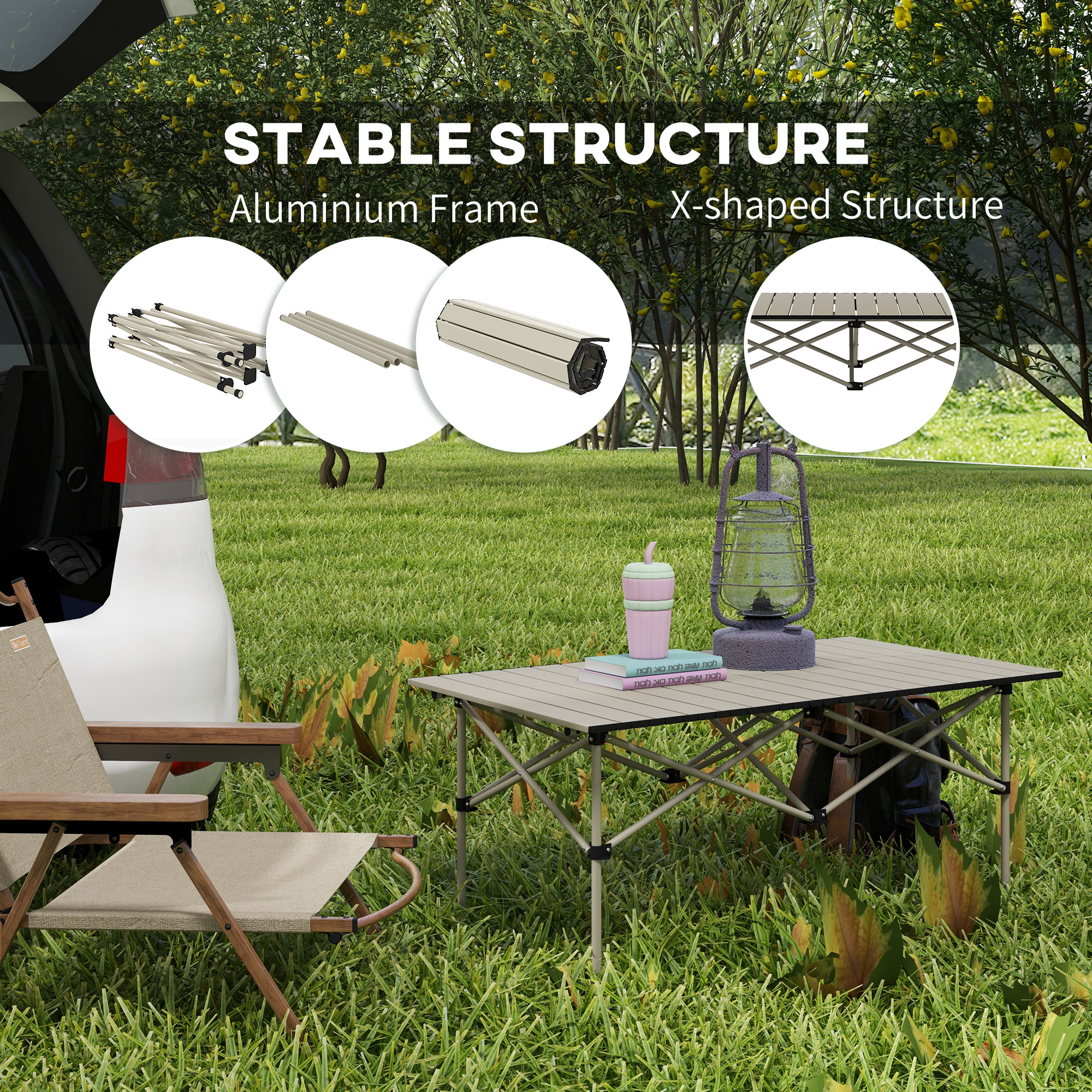 Outsunny Aluminium Folding Picnic Table, Lightweight, Portable with Roll Up Top and Carry Bag for Outdoor Adventures, Cooking, Hiking