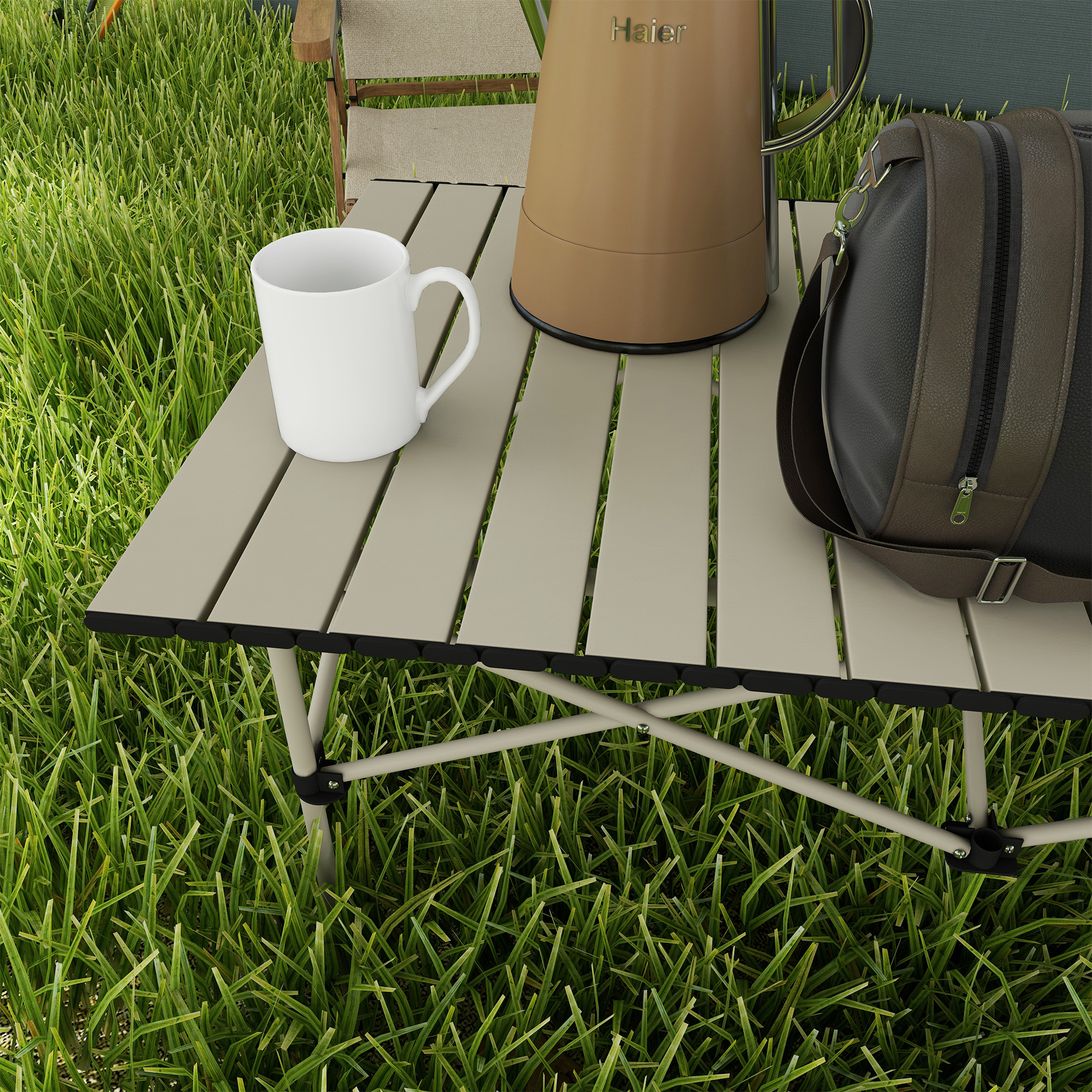 Outsunny Aluminium Folding Picnic Table, Lightweight, Portable with Roll Up Top and Carry Bag for Outdoor Adventures, Cooking, Hiking
