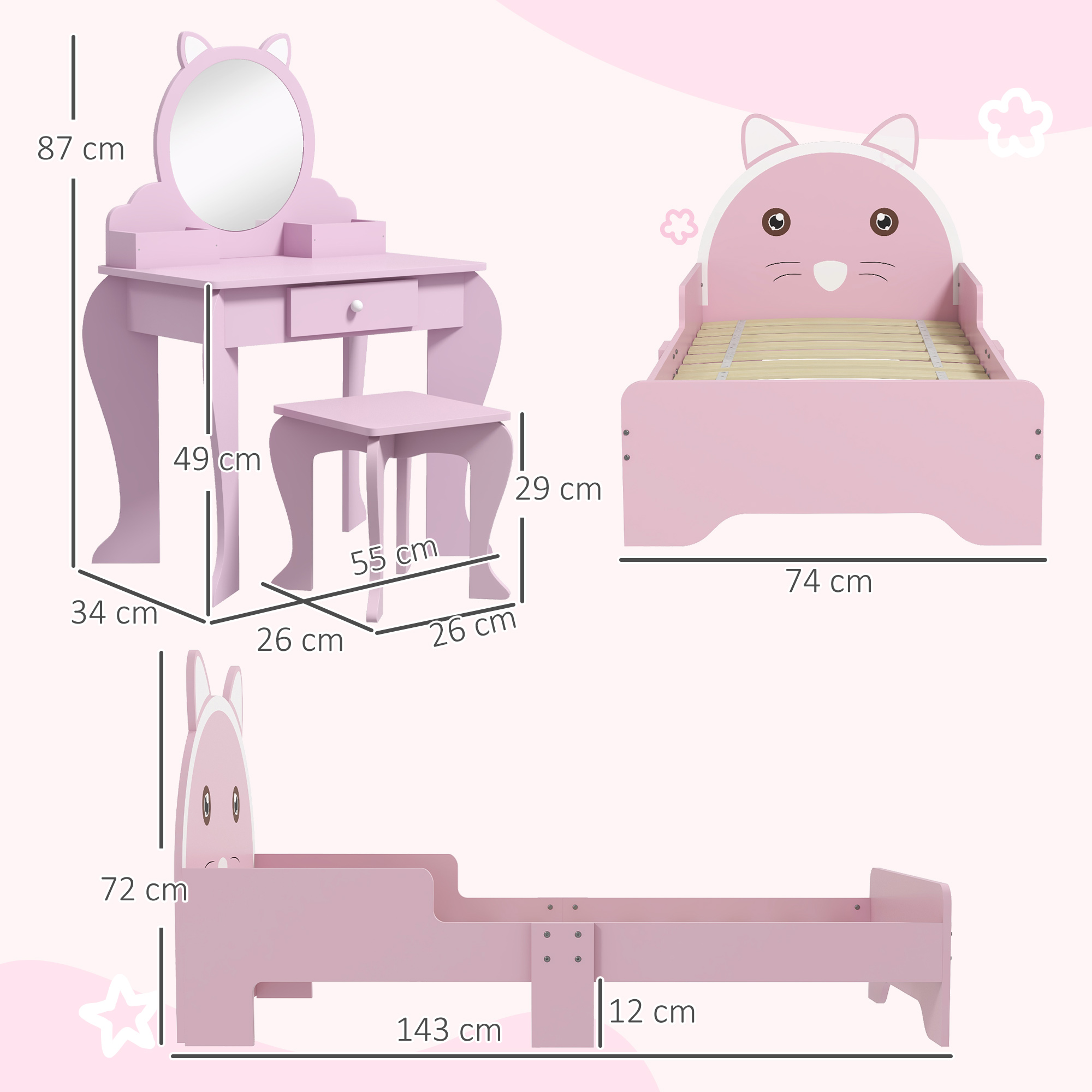 ZONEKIZ Wooden Children's Bedroom Set with Dressing Table, Stool, Bed, Cat Motif for Ages 3-6, Multicolour