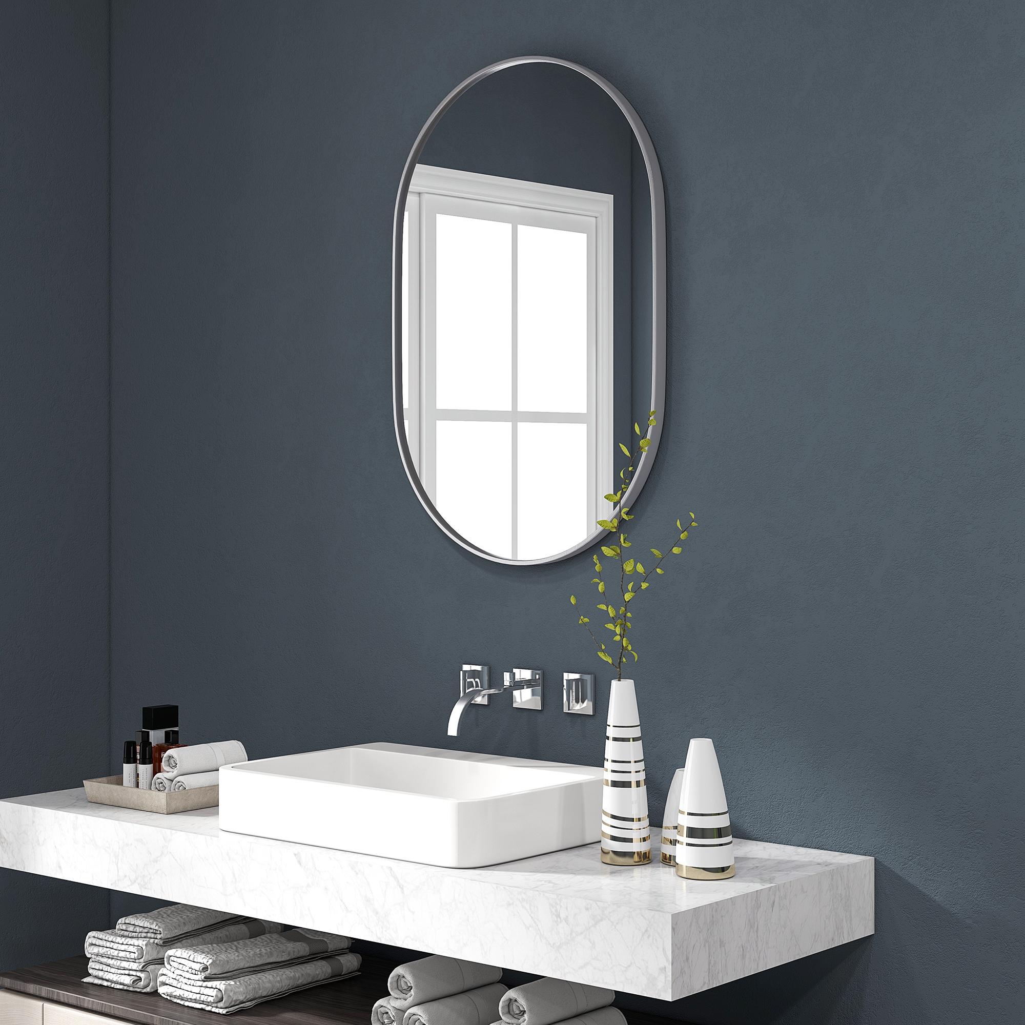 HOMCOM Oval Bathroom Mirror, Modern Wall-mounted Vanity Mirror with Aluminium Frame for Living Room, Entryways, Horizontal or Vertical, 60 x 90cm, Silver