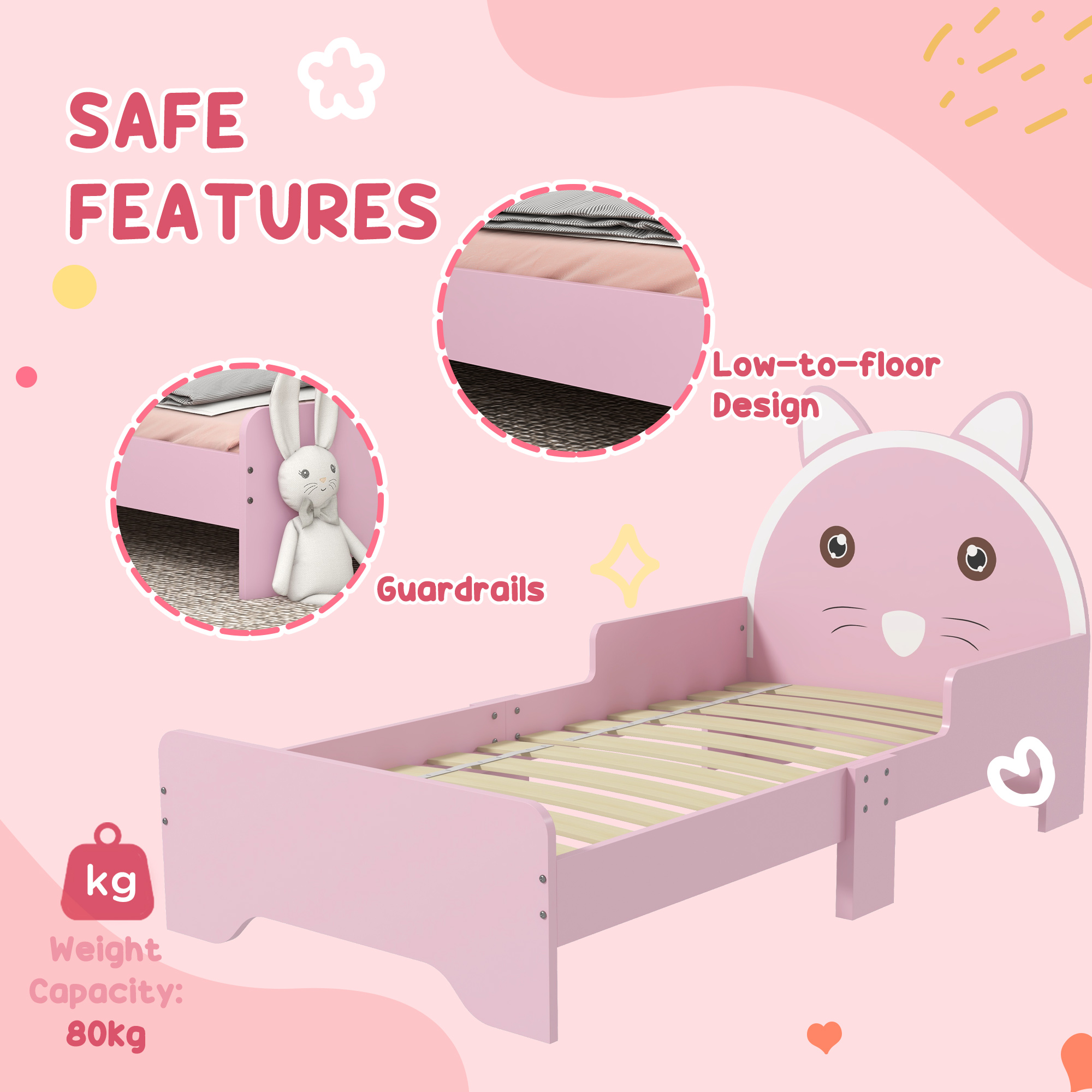 ZONEKIZ Wooden Children's Bedroom Set with Dressing Table, Stool, Bed, Cat Motif for Ages 3-6, Multicolour