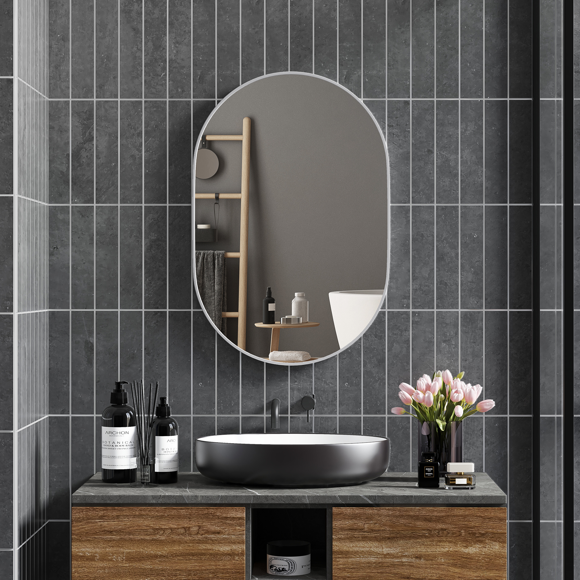 HOMCOM Oval Bathroom Mirror, Modern Wall-mounted Vanity Mirror with Aluminium Frame for Living Room, Entryways, Horizontal or Vertical, 60 x 90cm, Silver